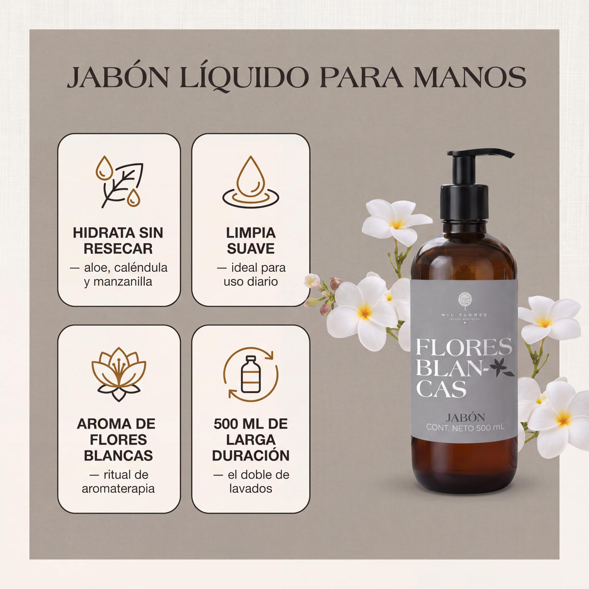 Mil Flores — Jabón Líquido Premium para Manos 500 ml FLORES BLANCAS | Ritual de Aromaterapia | Hidrata y Cuida la Piel | Esencias 100% Naturales