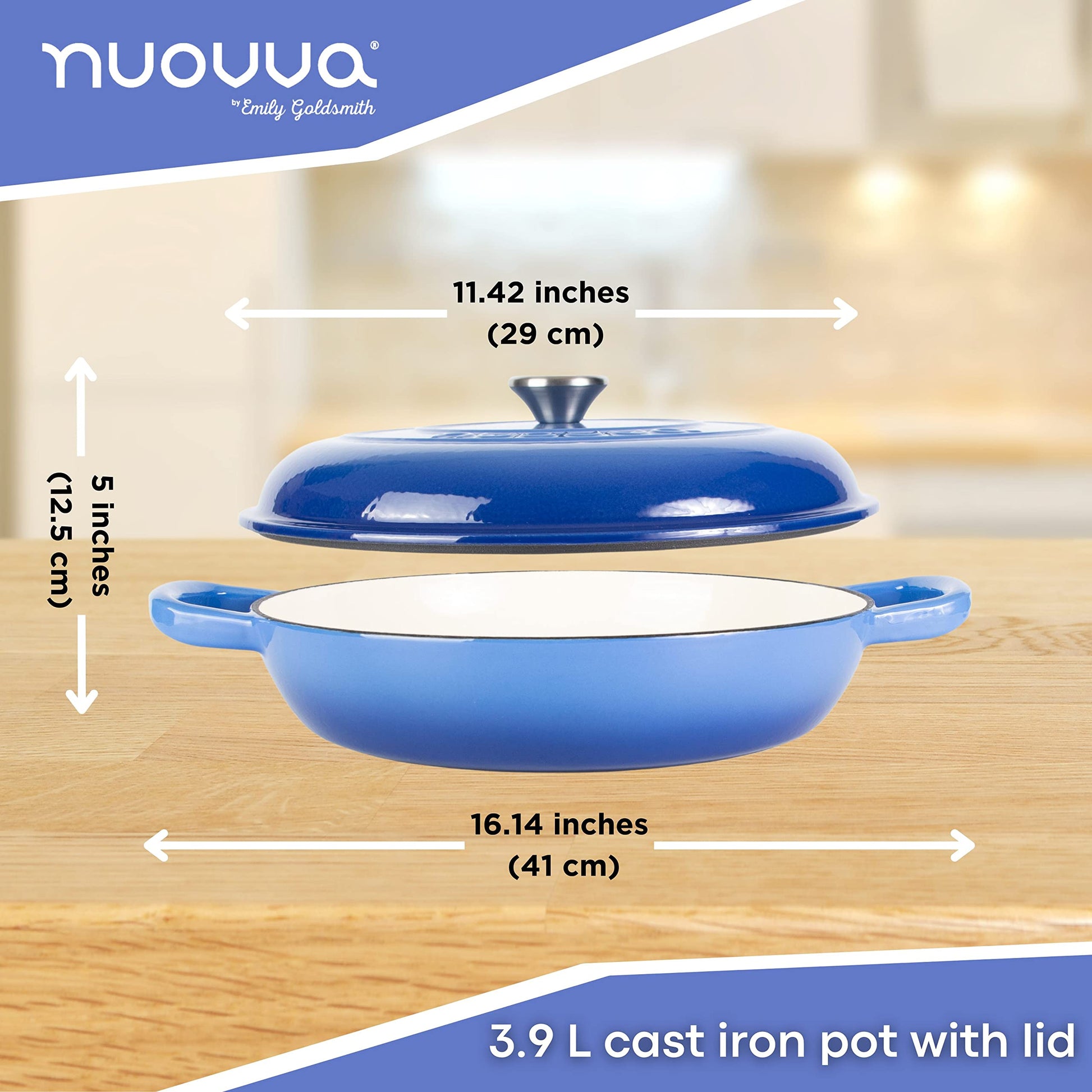 Nuovva - Horno holandés de hierro fundido con tapa, antiadherente poco profundo, apto para horno hasta 500 °F - Olla de cocina resistente - Olla esmaltada - Azul oscuro, 3.7 cuartos de galón, 30 cm