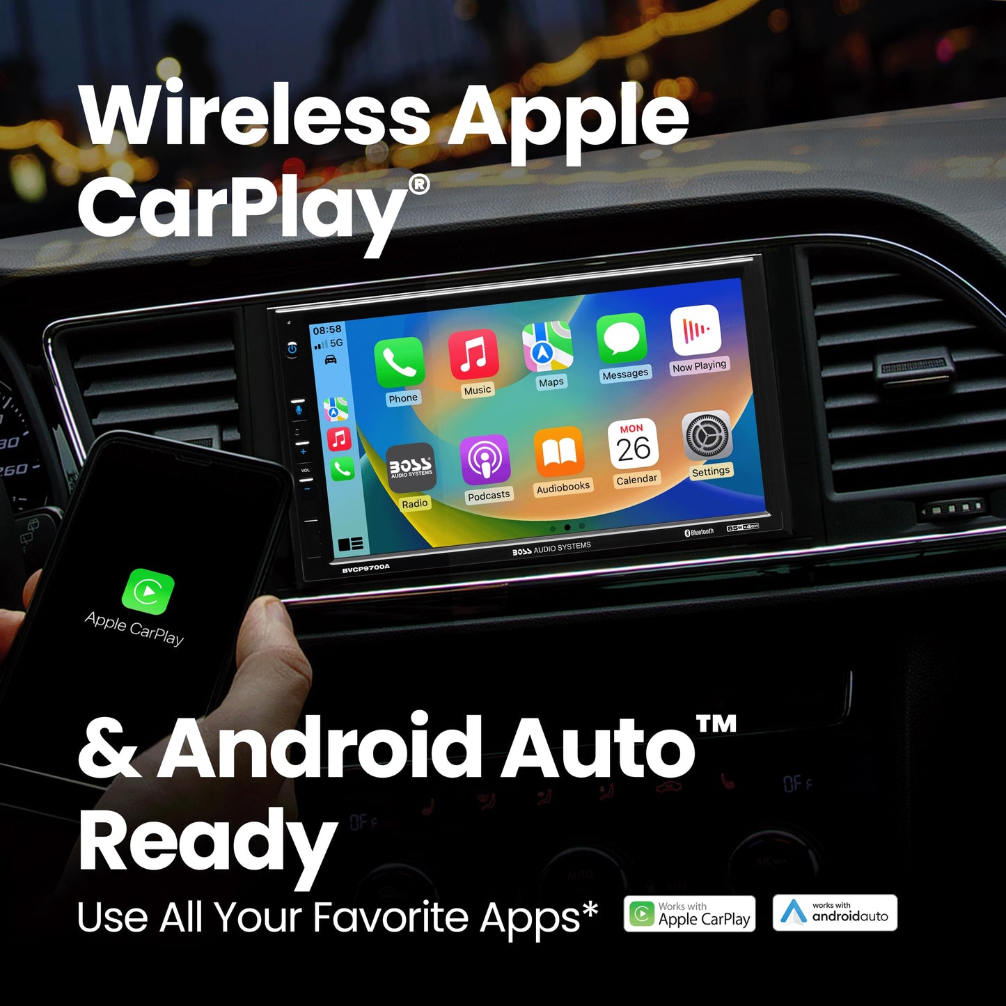 Boss Audio Systems BVCP9700A - Estéreo de Coche - Apple CarPlay, Android Auto, Doble DIN, visualización táctil de 7 Pulgadas, Bluetooth, sin Reproductor de CD DVD, Receptor de Radio Am/FM