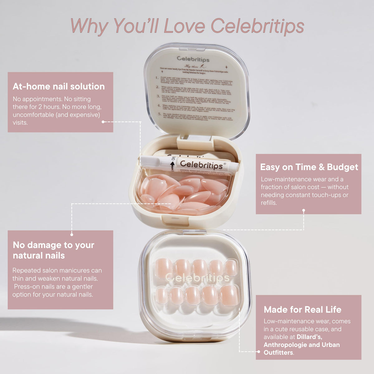 Celebritips Uñas Postizas Decorativas | Uñas Cortas Almendradas, Reutilizables | 16 Tamaños - Kit De 32 Uñas Con Pegamento De Fijación Extrafuerte Y Pestañas Adhesivas(Ella Lleva Cristales En Sus Uñas
