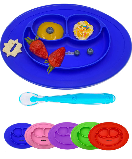 Bberizos| Plato Antideslizante Cuchara Suave Encías Set Alimentación de Silicona para Bebe Infantil con Divisiones para Niños Grado Alimenticio para Papillas Alimentos Sólidos Snakcs Sin BPA Sin PVC (Blue)