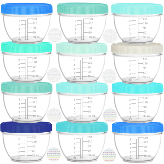 Youngever 18 juegos de almacenamiento de alimentos para bebés, contenedores de alimentos para bebés de 6 onzas con tapas y etiquetas, 9 colores costeros