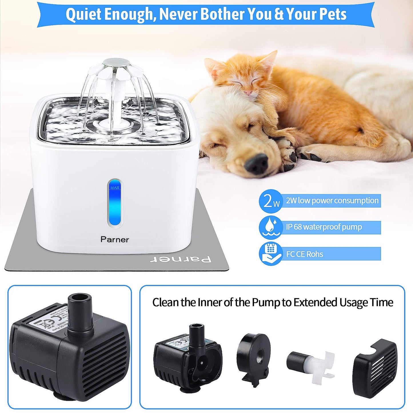 Fuente de Agua para Gatos Parner Acero Inoxidable Ultra Silenciosa con Indicador de Nivel y Filtros