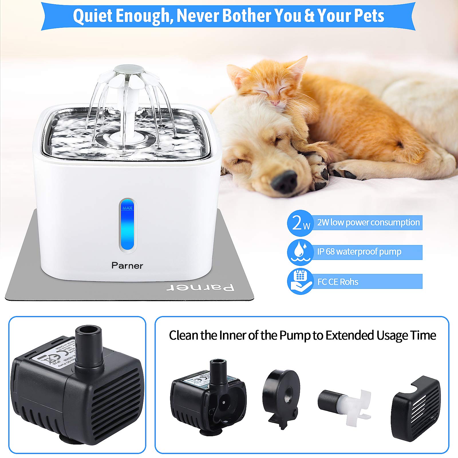 Fuente de Agua para Gatos Parner Acero Inoxidable Ultra Silenciosa con Indicador de Nivel y Filtros