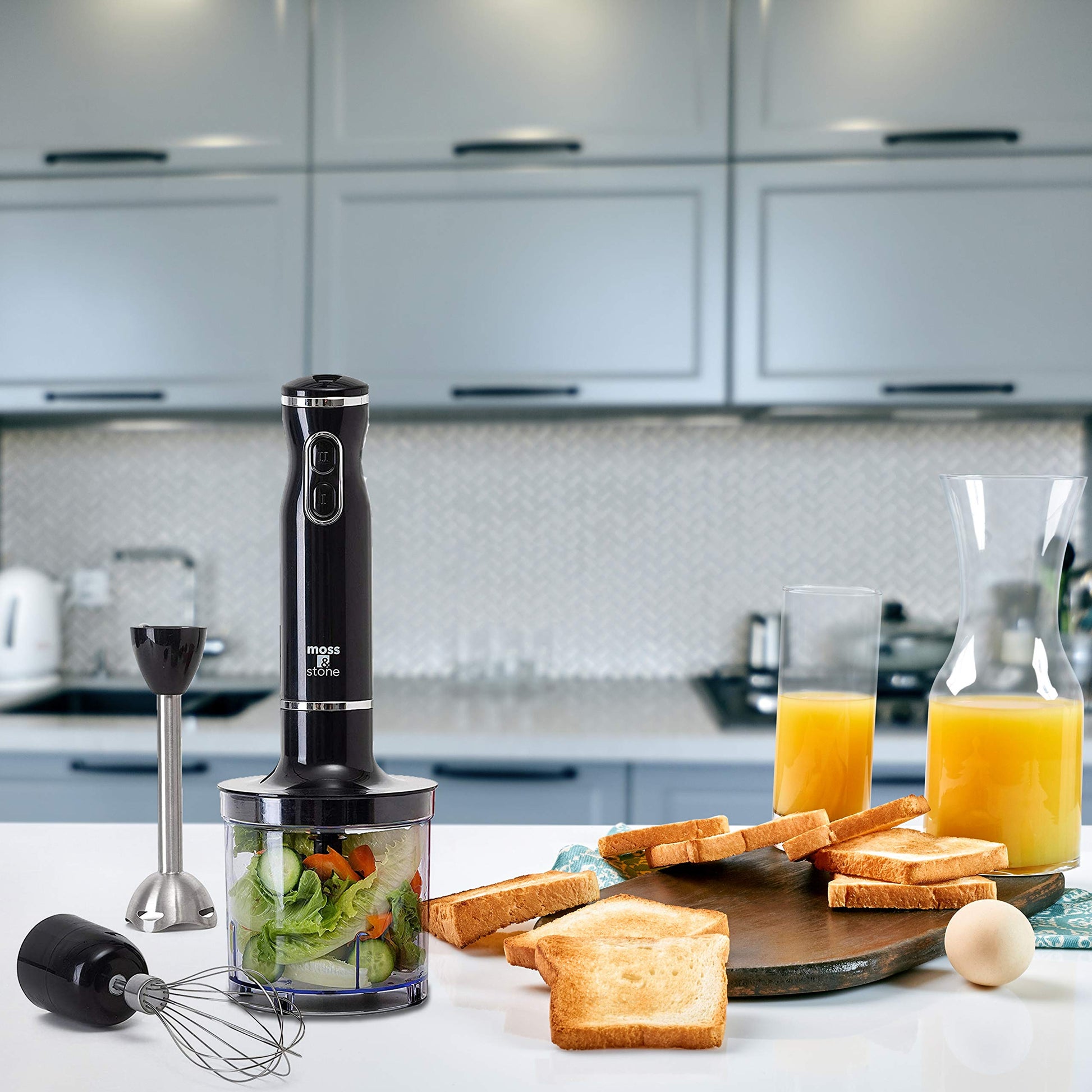 Batidora de mano eléctrica Moss & Stone con batidor de huevos y picador, potente batidora de mano de inmersión de 300 W, juego de mezclador de mano con eje y cuchillas de acero inoxidable, batidora de