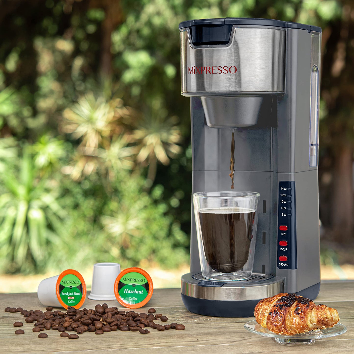 Cafetera Mixpresso Gris con Cápsulas K-Cup de Café y Café Molido, Bandeja de Goteo, 5 Tamaños de Cerveza, 30 Onzas, Taza de Viaje de hasta 14 Onzas