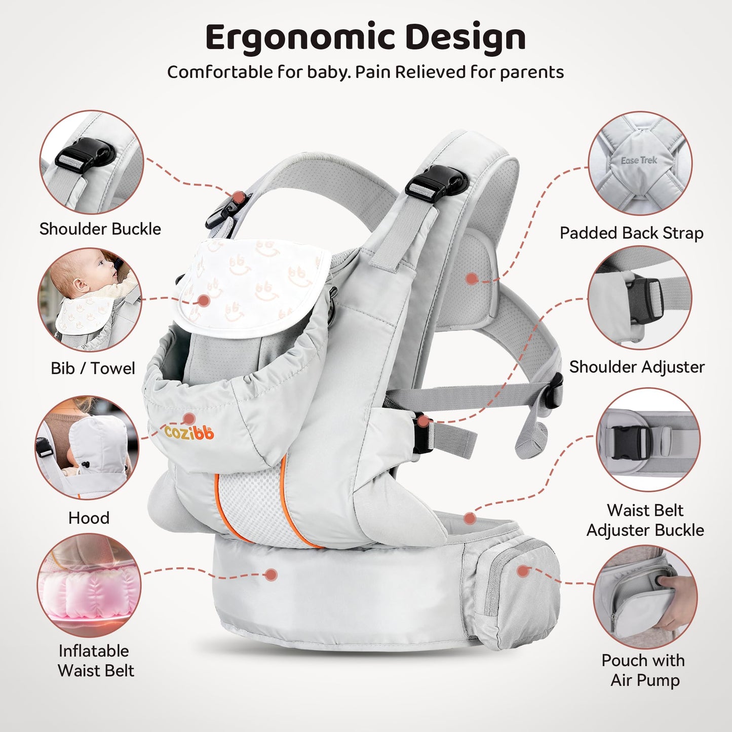 CoziBB - Portabebés 3 en 1 con cinturón de cintura con cojín de aire, ajustable y ergonómico, portabebés de recién nacido a niño para niños de 8 a 33 libras, portabebés con cinturón de doble bloqueo