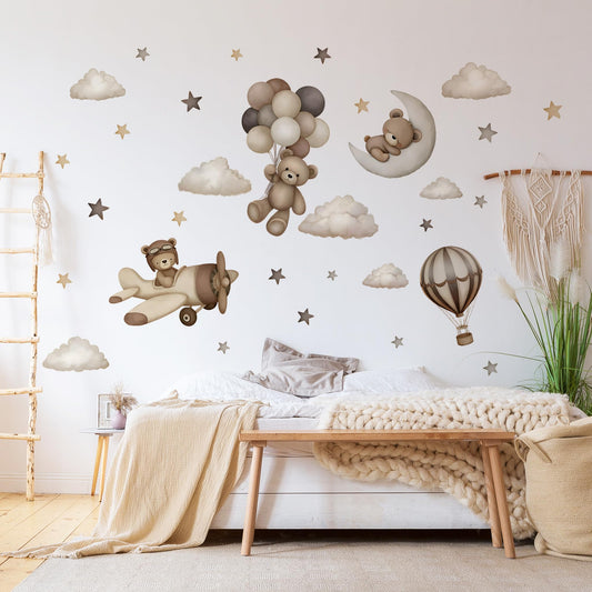 Calcomanías de Pared Oso de Dibujos Animados Globos Estrella Luna para Niños y Niñas