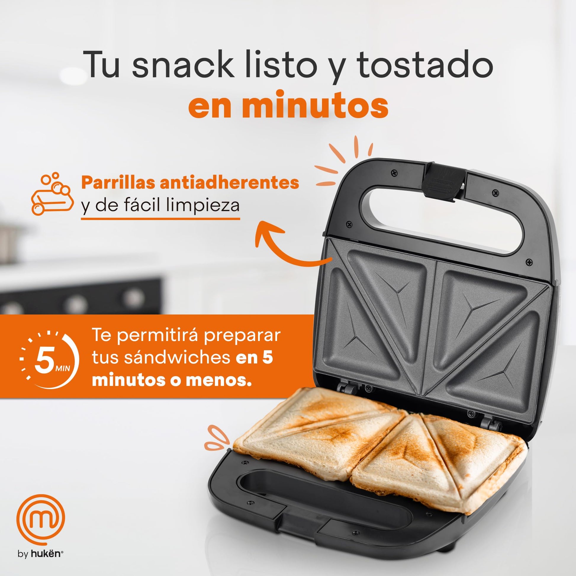 Sandwichera MasterChef Hukën Acero Inoxidable 750W Superficie Antiadherente Fácil Limpieza