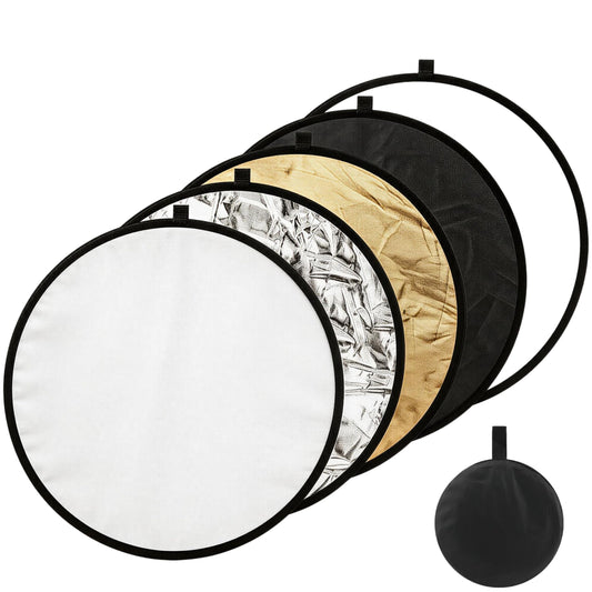 Reflector de fotografía 5 en 1 de 60 cm, reflector de luz plegable multidisco con bolsa, súper portátil para fotografía de estudio/macro, translúcido, plateado, dorado, blanco y negro