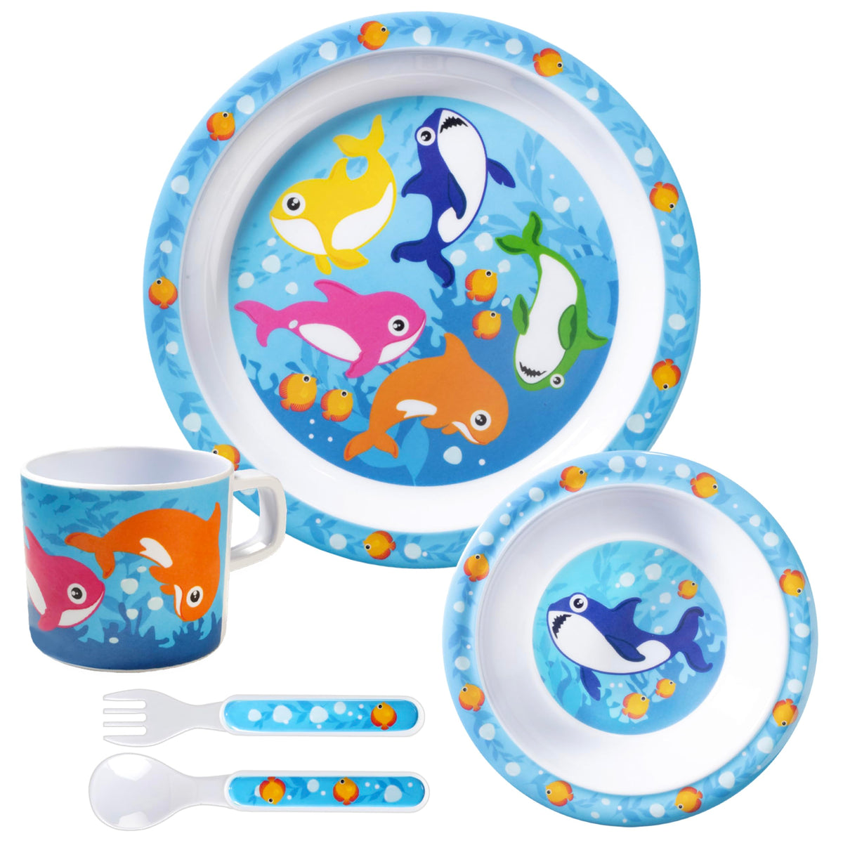 Bentology - Juego de 5 unidades para la hora de comer para niños, con temática de tiburón, incluye plato y tazón de borde elevado, taza, tenedor y cuchara, apto para lavaplatos, sin BPA, lindo plato