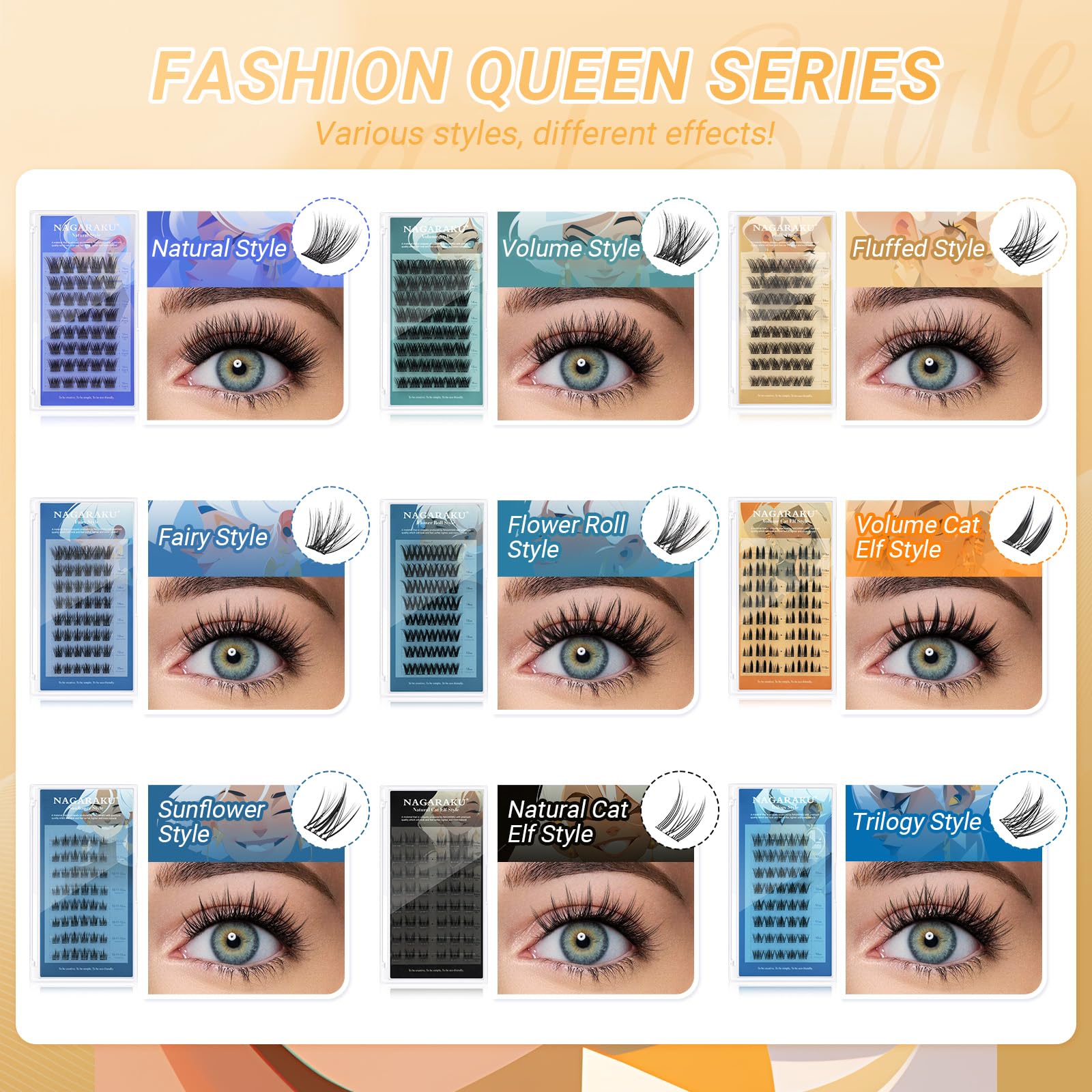 NAGARAKU Grupos De Pestañas Autoadhesivos Para 48 Pcs No Necesita Pegamento Ni Removedor Presión En Un Solo Paso Pestañas Reutilizables Prepegadas En Casa Fluffy Style SA-DIY-03(0,07mm C 10-16mm)