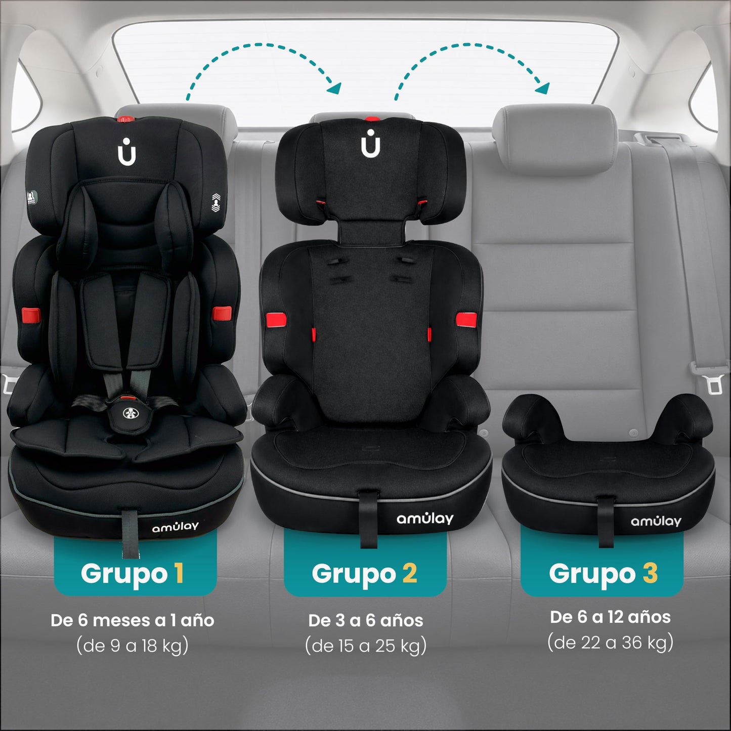 Amulay | Autoasiento para Bebe de 9 a 36 kg | Booster Car Seat con Arnés de 5 puntos, Respaldo Reclinable, Cojín elevador y Reposa cabezas ajustable | Color Negro