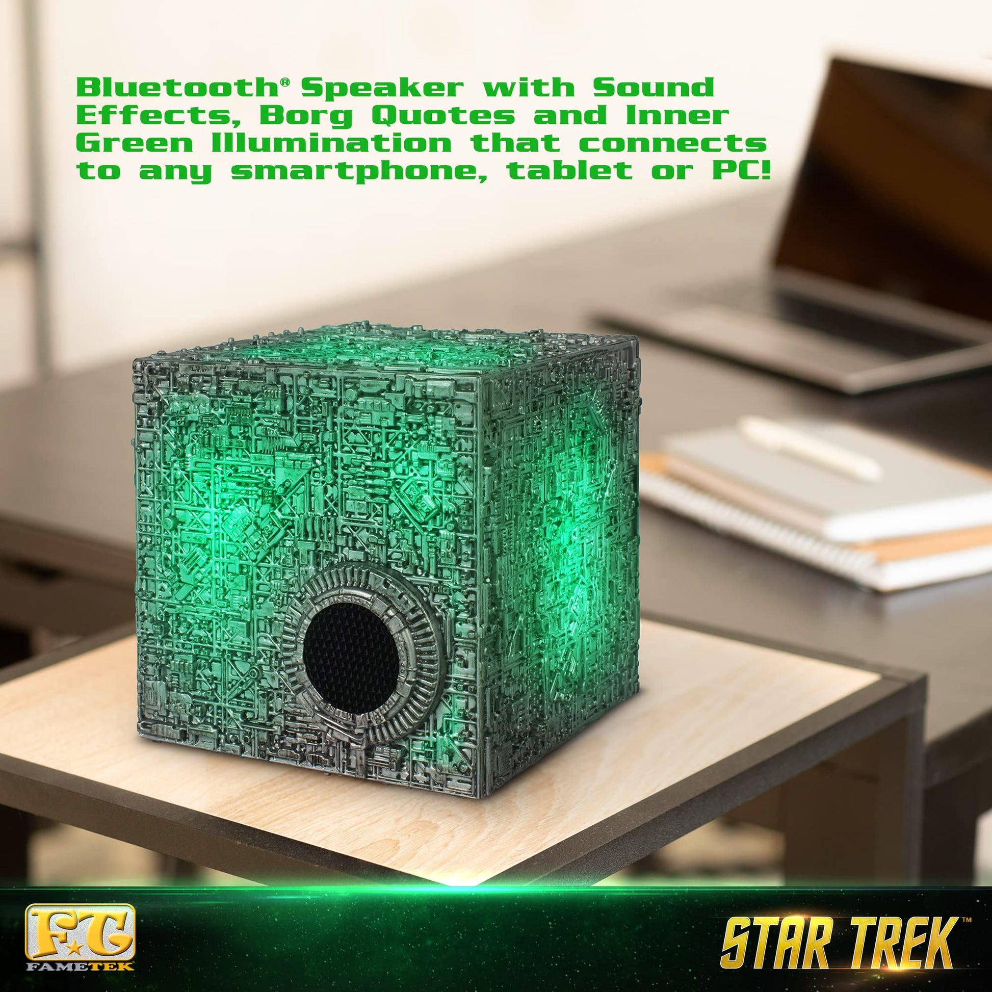 Star Trek Borg Cube - Altavoz Bluetooth con iluminación verde, efectos de sonido y citas Borg - Memorabilia, regalos, Gadgets, coleccionables para fans de Star Trek