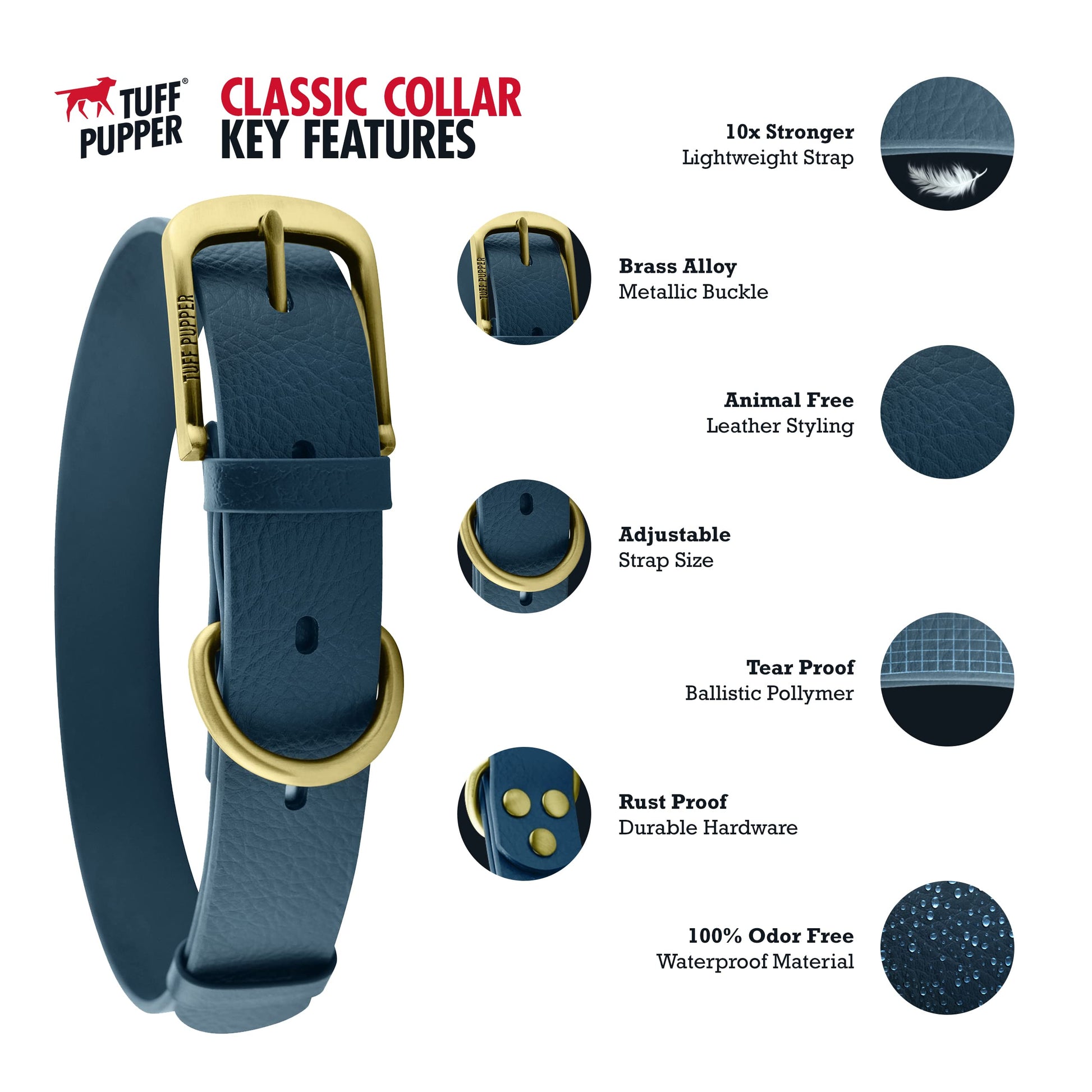 Tuff Pupper Collar para perro clásico 'Lifetime' resistente, más fuerte que el cuero, impermeable y sin olor, garantizado de por vida