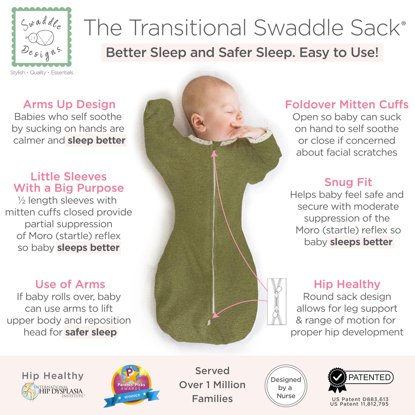 SwaddleDesigns - Saco Envolvente de transición con Brazos hasta Medias Mangas y puños de manopla, Mediano, 3-6 Meses, 14-20 Libras, Tortuga Verde Jaspeado (Manta de Brazos Arriba, Saco de Dormir de