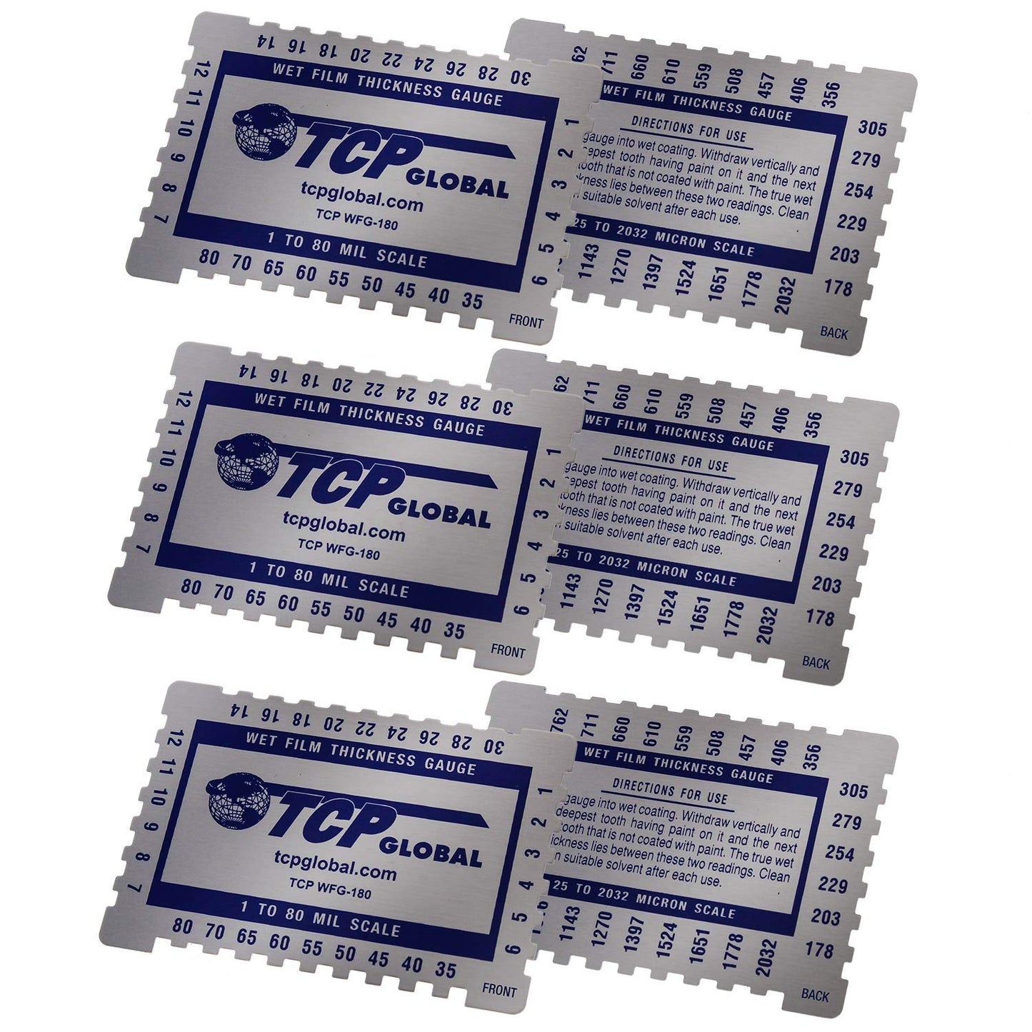 TCP Global - Peine medidor de espesor de película húmeda, escala de 1-80 mm, escalón y muescas para pinturas, resinas (paquete de 3)