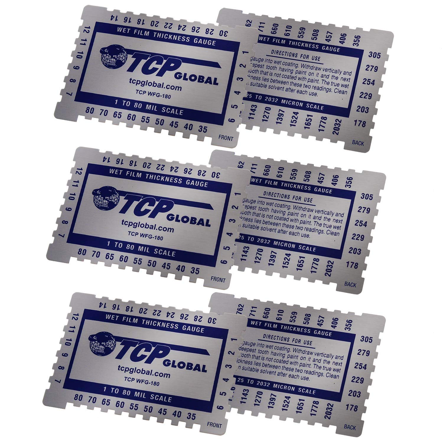 TCP Global - Peine medidor de espesor de película húmeda, escala de 1-80 mm, escalón y muescas para pinturas, resinas (paquete de 3)