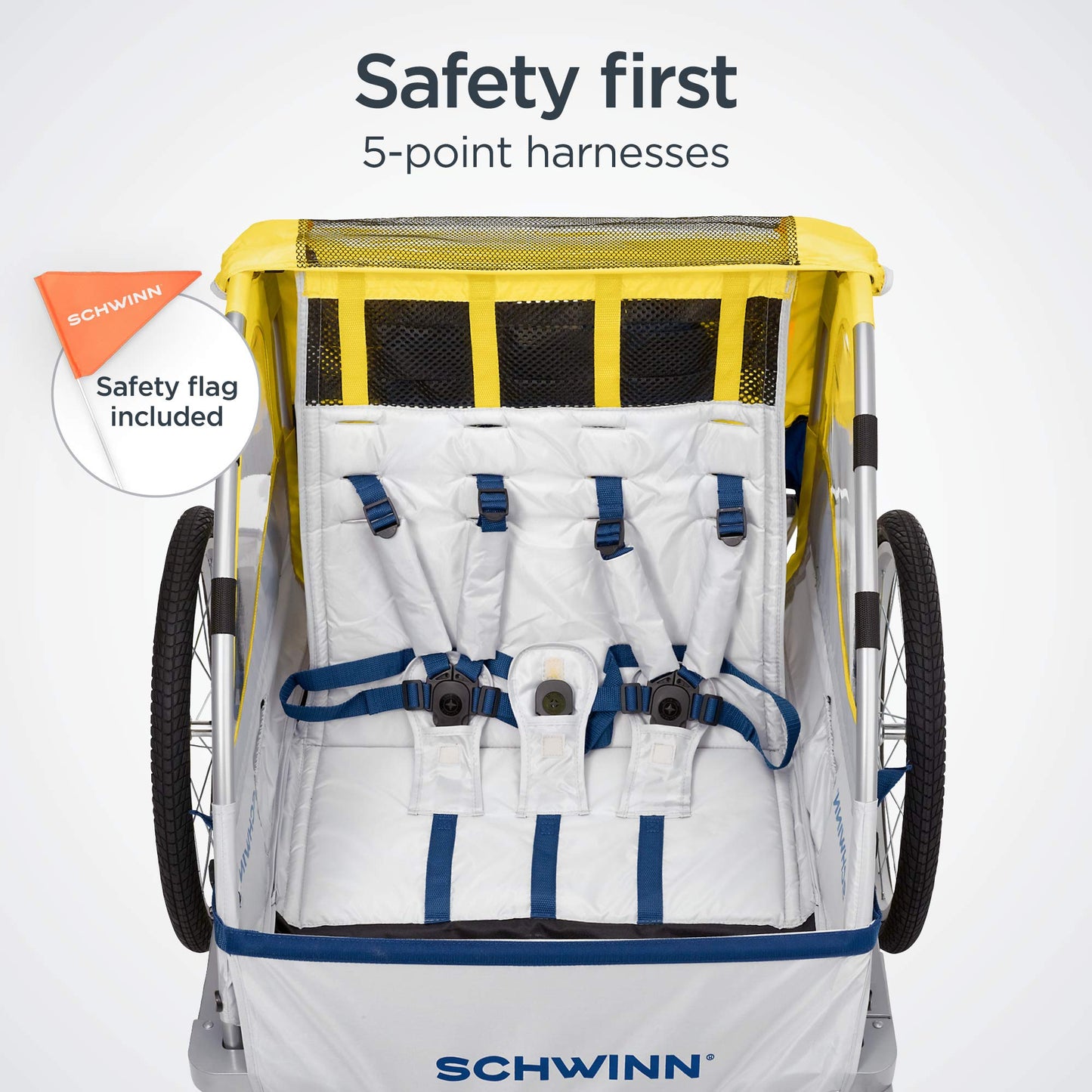 Remolque para Bicicleta Infantil Schwinn Echo Amarillo Gris con Toldo y Neumáticos de 20 Pulgadas para 2 Niños