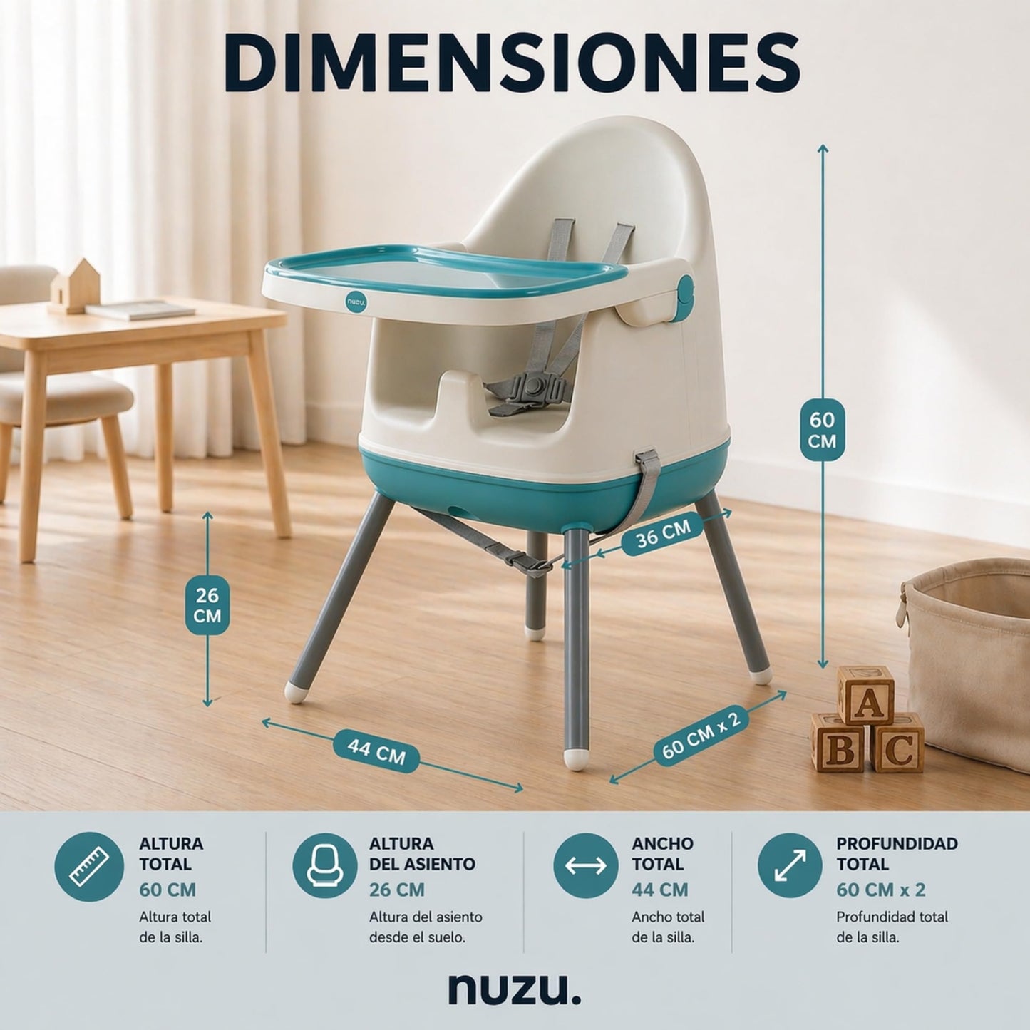NUZU Periquera para Bebe 3 en 1 | Silla para Bebe Comer Multifuncional con Seguridad y Estilo | Versatilidad en Espacios Reducidos | Asiento Elevador Ajustable para Bebes 6 meses a 4 Años. (Azul)