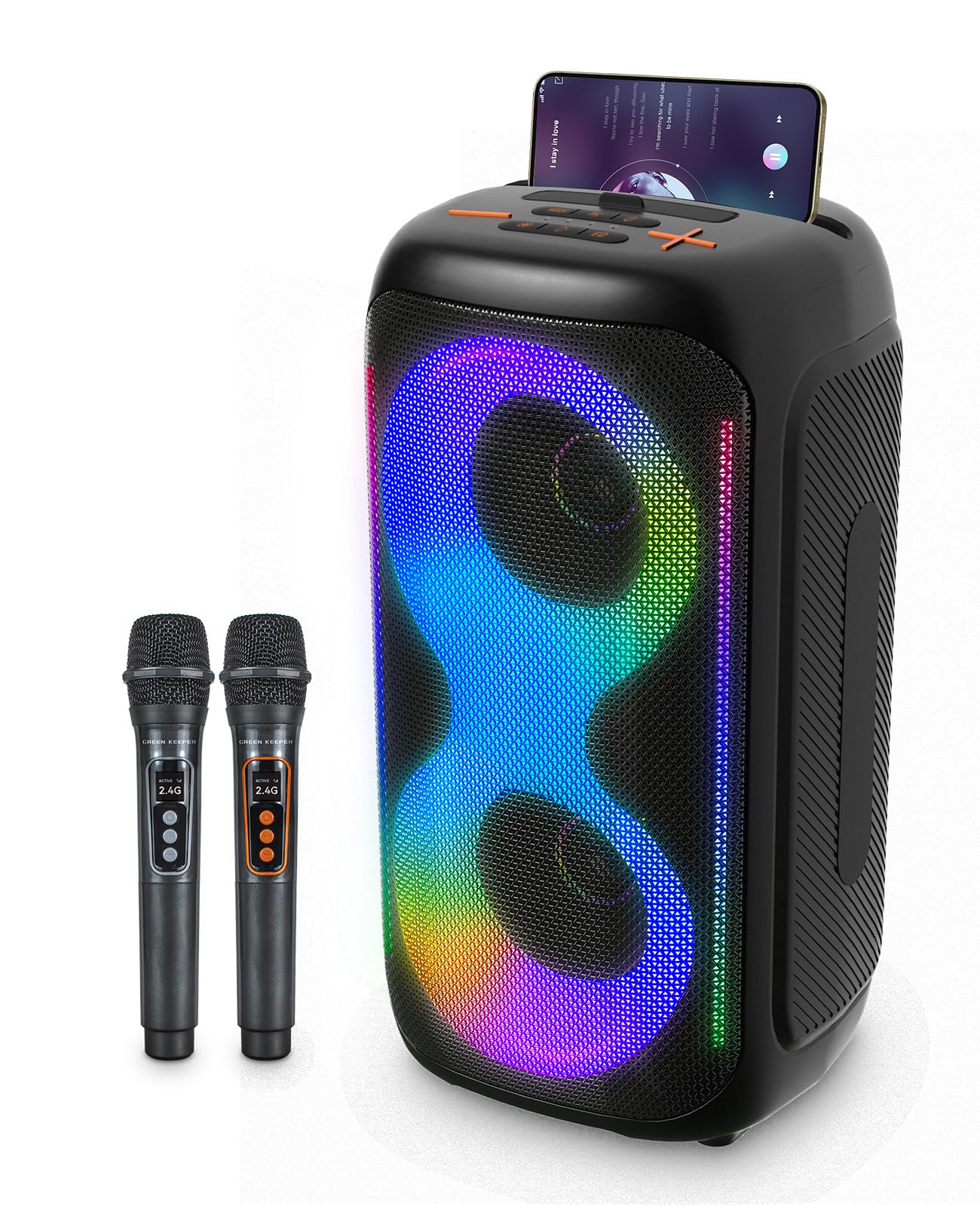 GKD40 Máquina de Karaoke Portátil para Niños y Adultos. Altavoz Bluetooth con Sistema PA, 2 Micros Inalámbricos Recargables y Luces LED. Woofer 4", Ideal para Casa, Fiestas al Aire Libre y para Cantar
