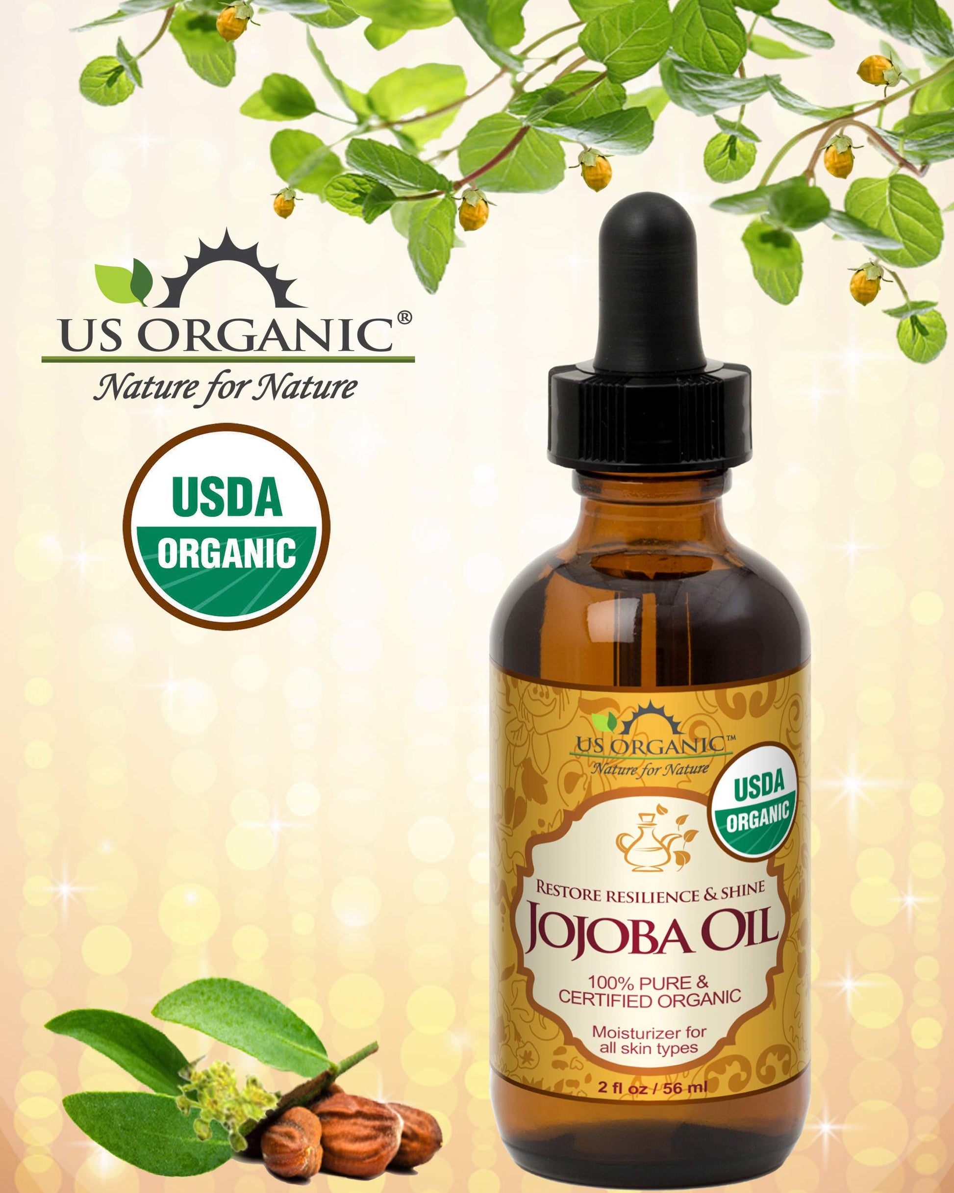 US Organic, Aceite de Jojoba, Certificado Orgánico por USDA, 100% Puro y Natural, Prensado en Frío, Virgen, Sin Refinar, Libre de Hexano, Botella de Vidrio Ámbar (56 ml)