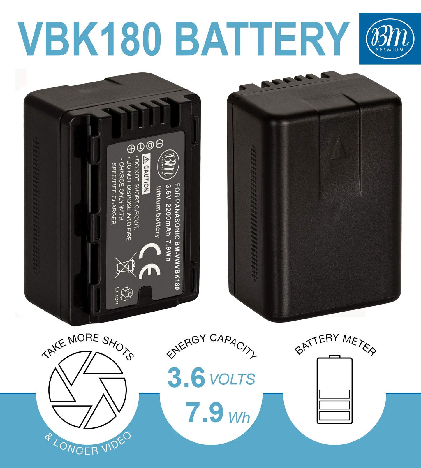 BM Premium VW-VBK180 Batería para Panasonic HC-V10 HC-V100 HC-V500 HC-V600M HC-V700 HDC-HS40 HS40K HS60 HS60K HS80 HS80K SDR-T55 T70 T71 T76 Cam. cordcordcorders