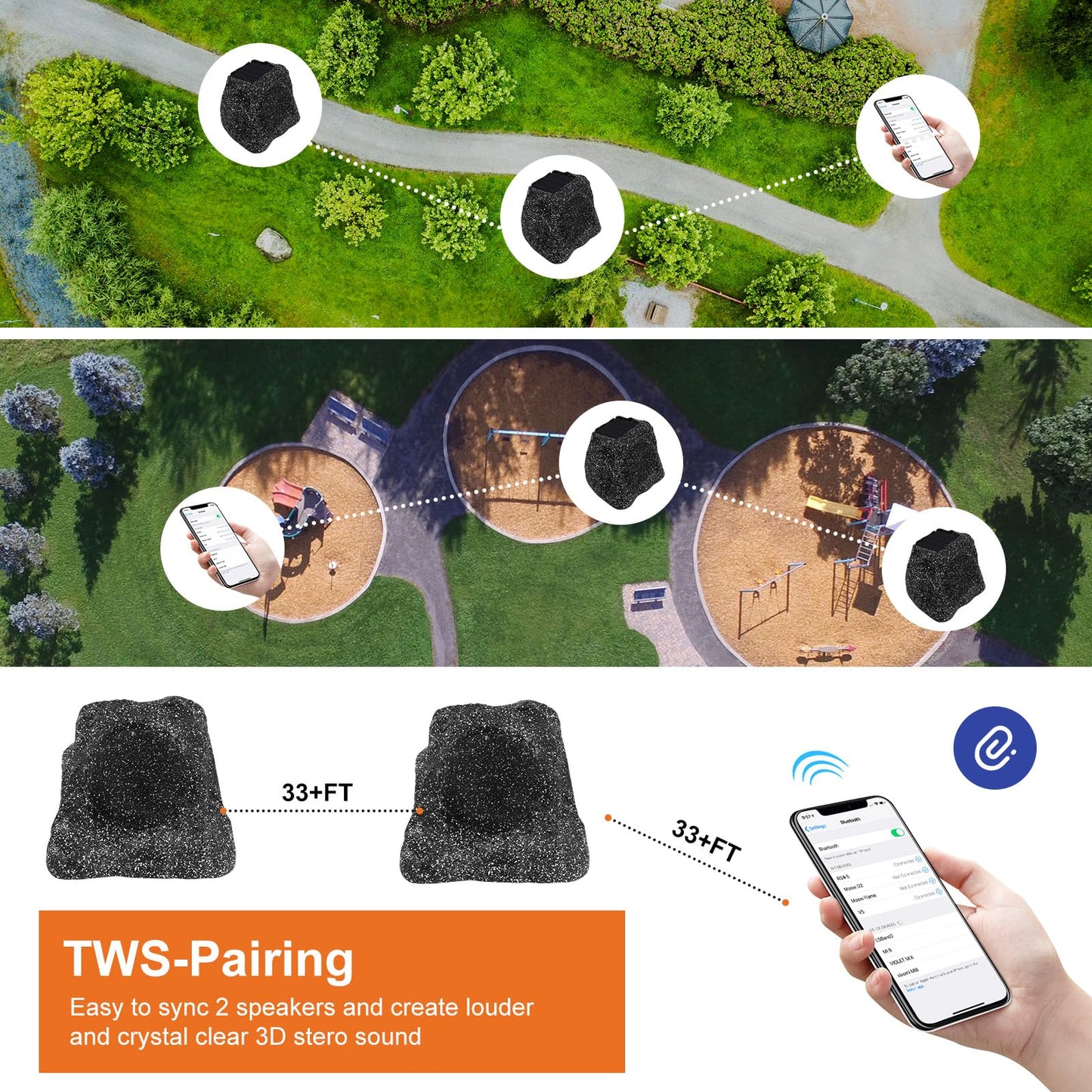 STUDIOFINIX Par de altavoces impermeables para exteriores de 10,2 cm - Altavoz Bluetooth 5.3 inalámbrico con energía solar - Potencia máxima de 160 W para jardín, terraza, piscina, patio trasero (gris