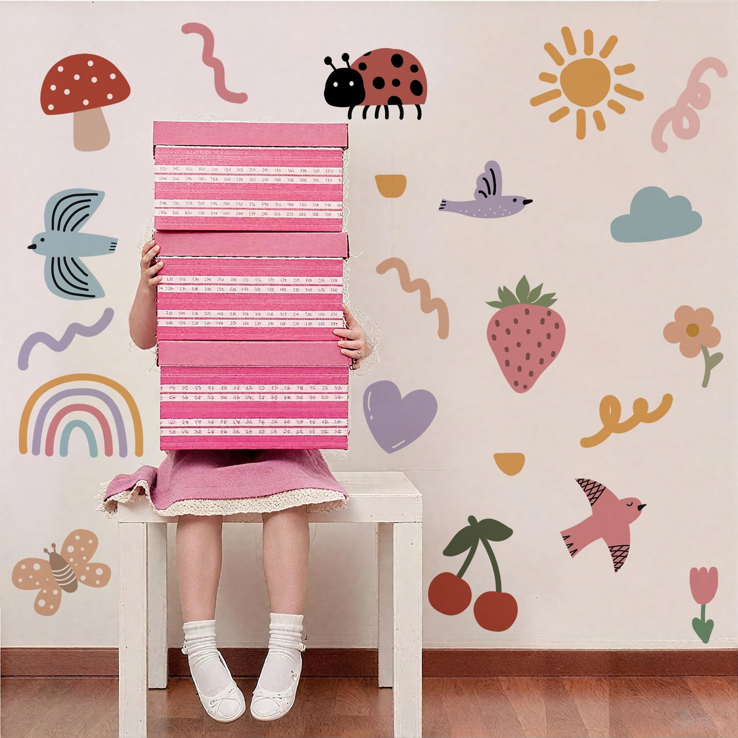 Calcomanías de Pared de Insectos y Frutas, Pegatinas de Pared Decorativas de Acuarela Estilo Garabato, Calcomanías Despegables y Adhesivas de Mariposas, Hongos, Fresas y Cerezas para Dormitorio