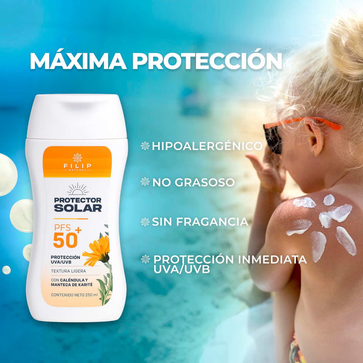 FILIP Natural – Protector Solar FPS50+ | Con Caléndula y Manteca de Karité, Protección UVA/UVB, Para Piel Sensible | 250 ml