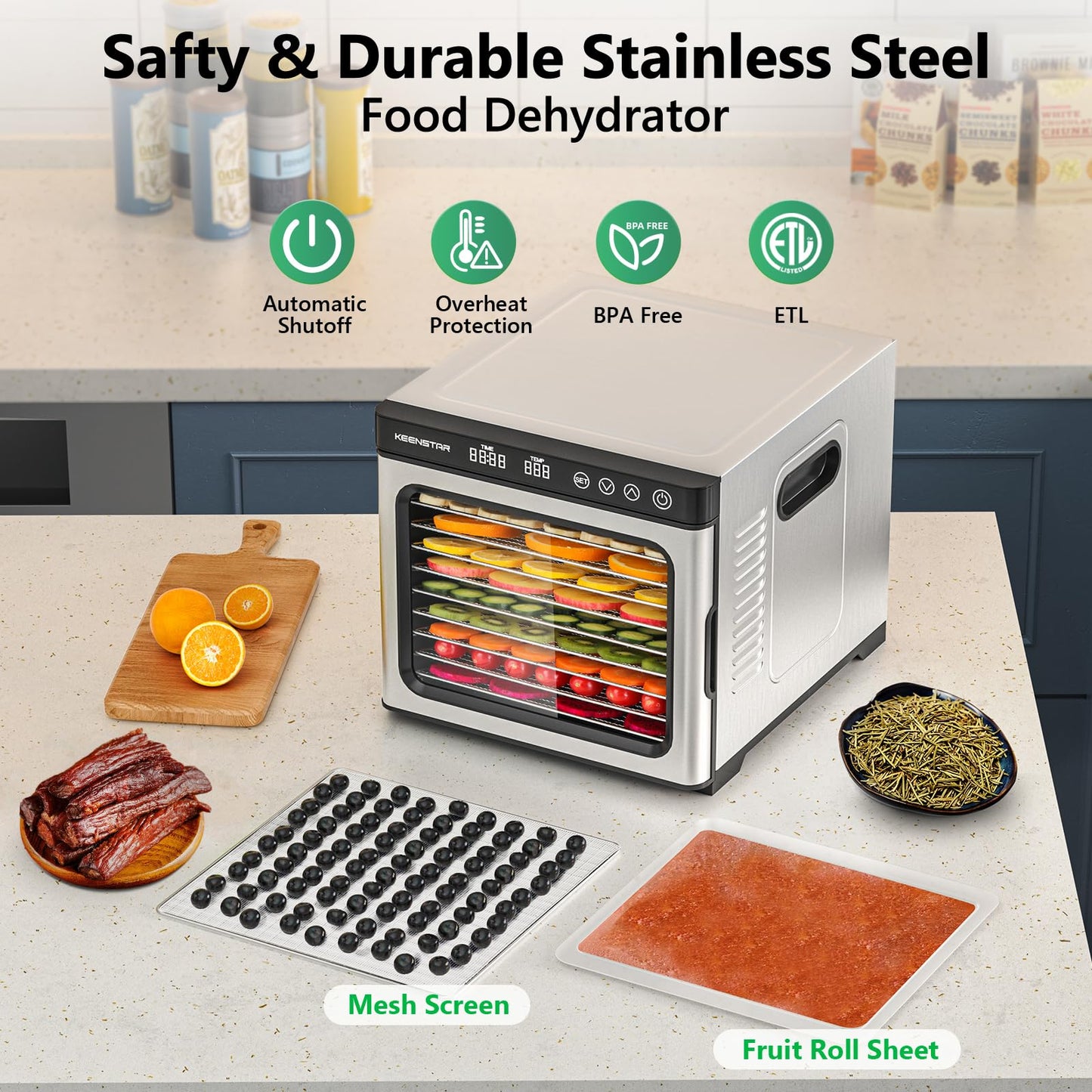 Deshidratador de alimentos para Jerky 1000 W, 9 bandejas de acero inoxidable, control de temperatura de 160 °F, espacio de secado de 8.7 pies cuadrados, temporizador de 48 horas, máquina secadora para