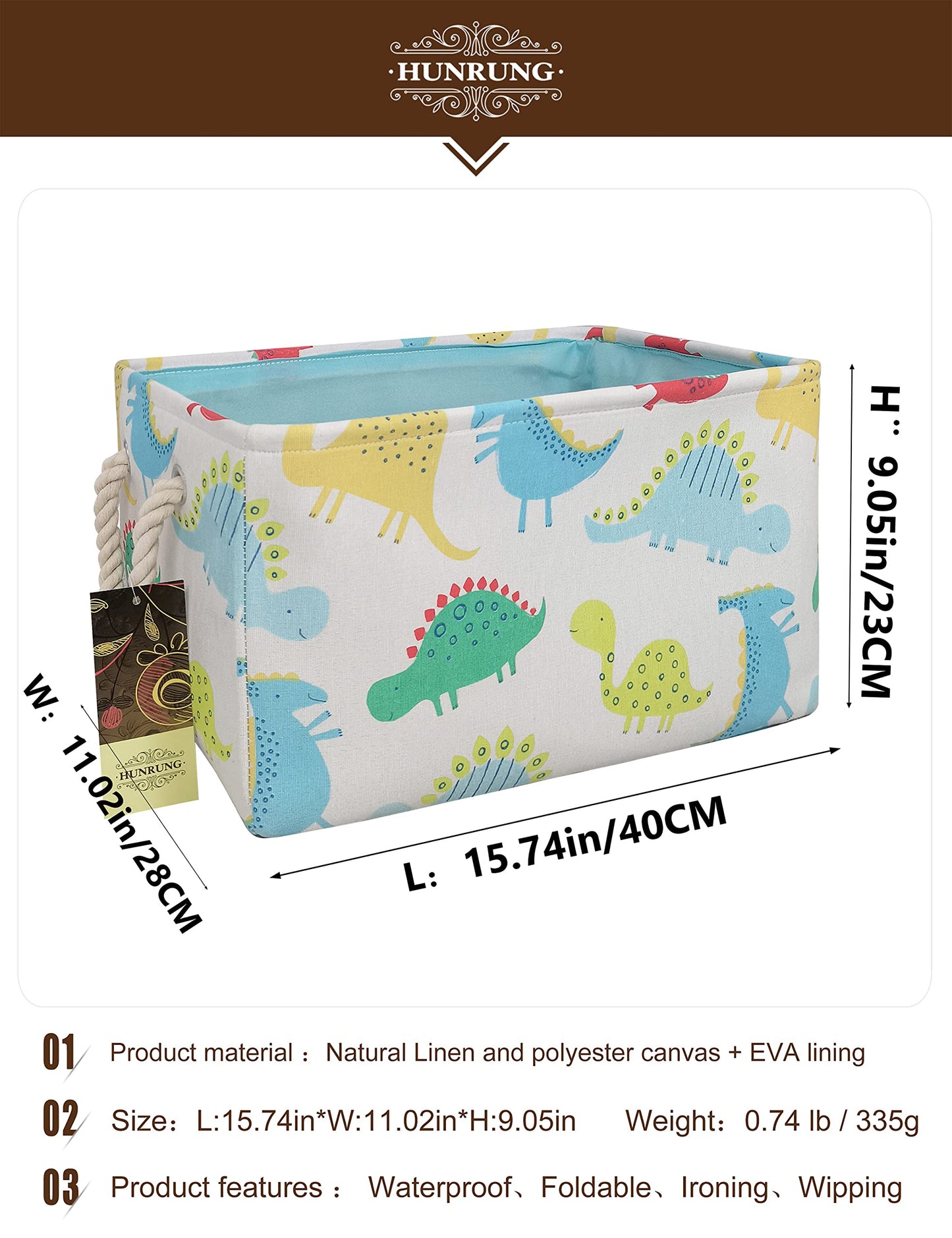 HUNRUNG - Cesta de Almacenamiento Rectangular de Lona para Mascotas, Juguetes, Libros, Ropa, Perfecto para Habitaciones Infantiles, Sala de Juegos, casetas, Dinosaur