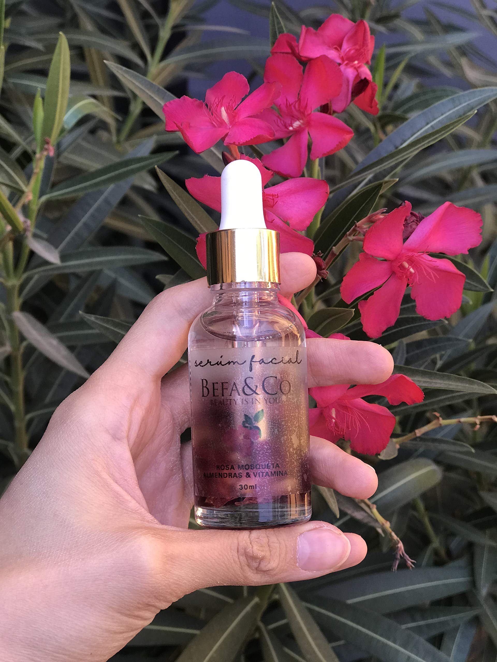 Suero facial + rosa mosqueta + vitamina e + almendras + ingredientes naturales + hidratante + rápida absorción + paraben free + primer + suaviza tu piel + textura terciopelo