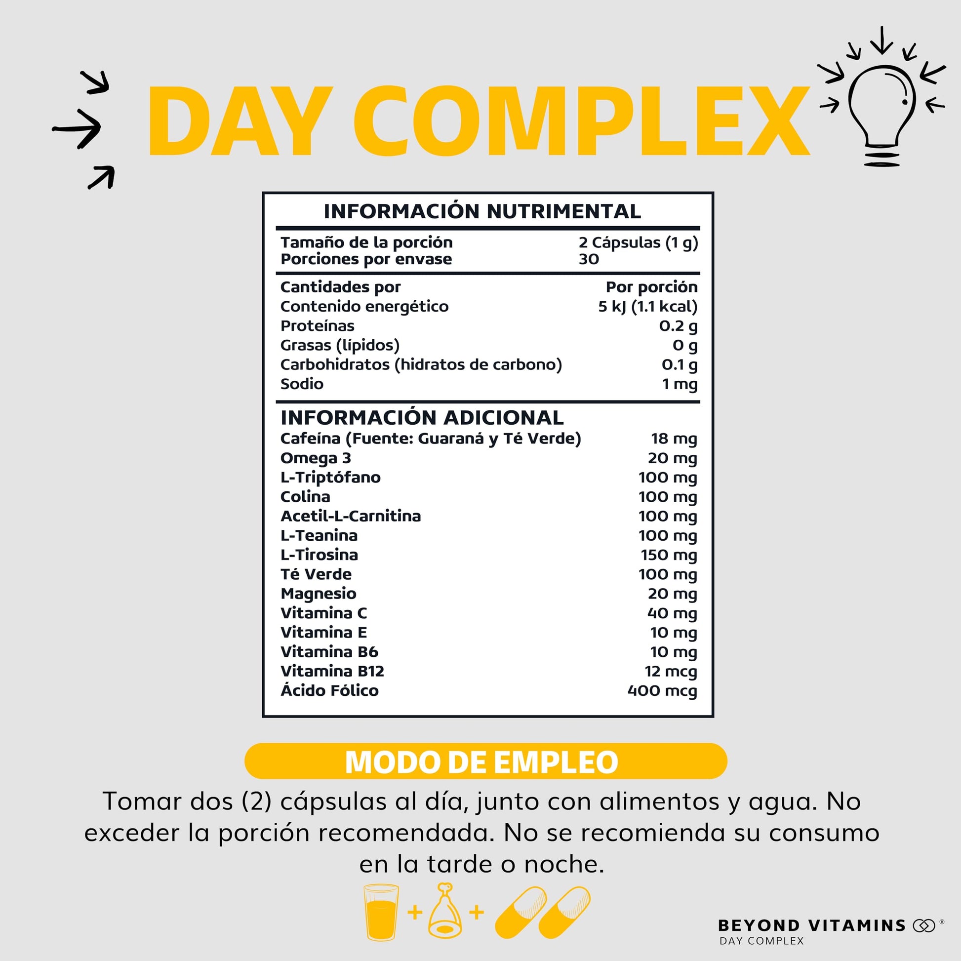 Suplemento Nootrópico Day Complex con Vitaminas y Minerales Sin Azúcar en Cápsulas