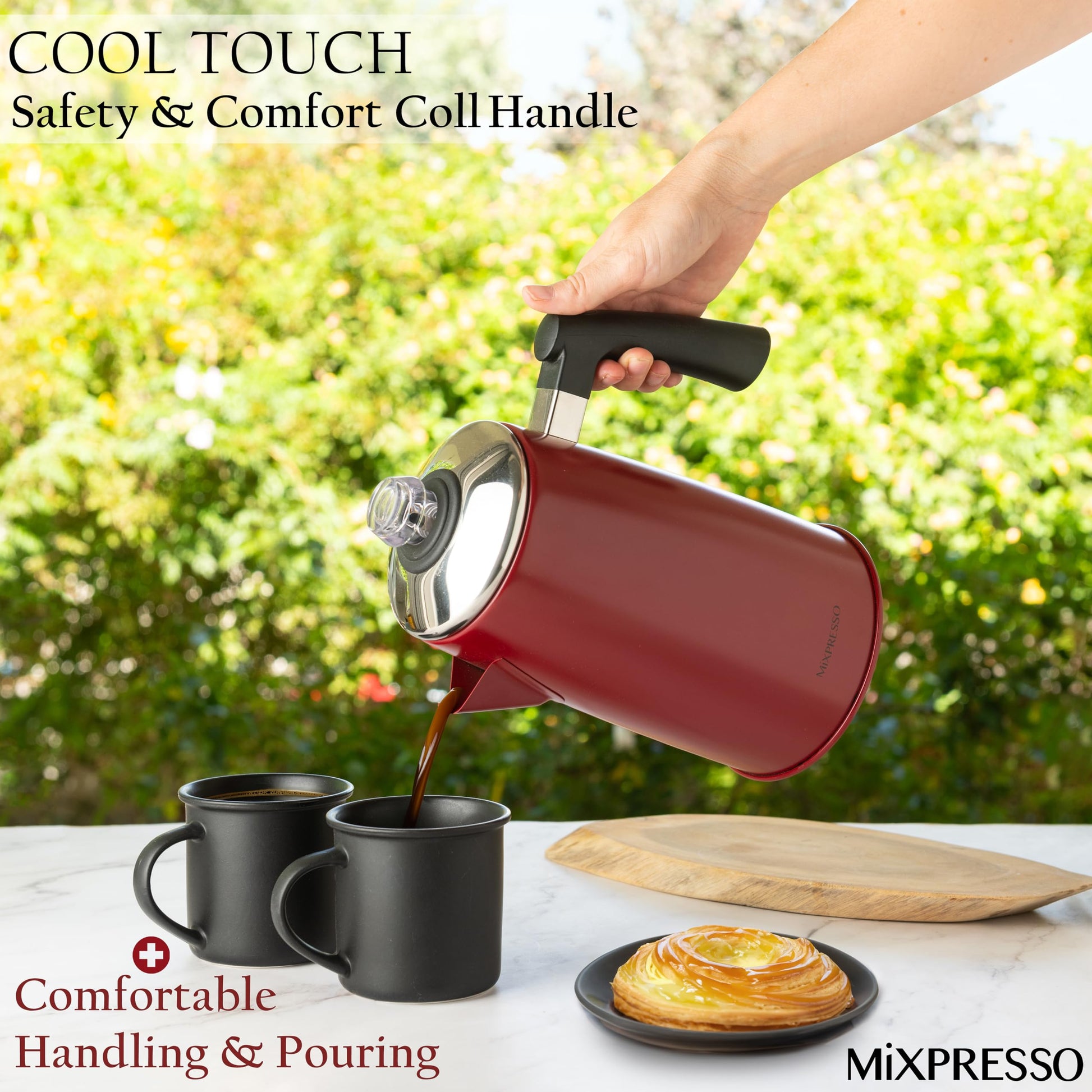 Percolador de Café Mixpresso Rojo con Mango de Tacto Frío de Acero Inoxidable 50 Onzas