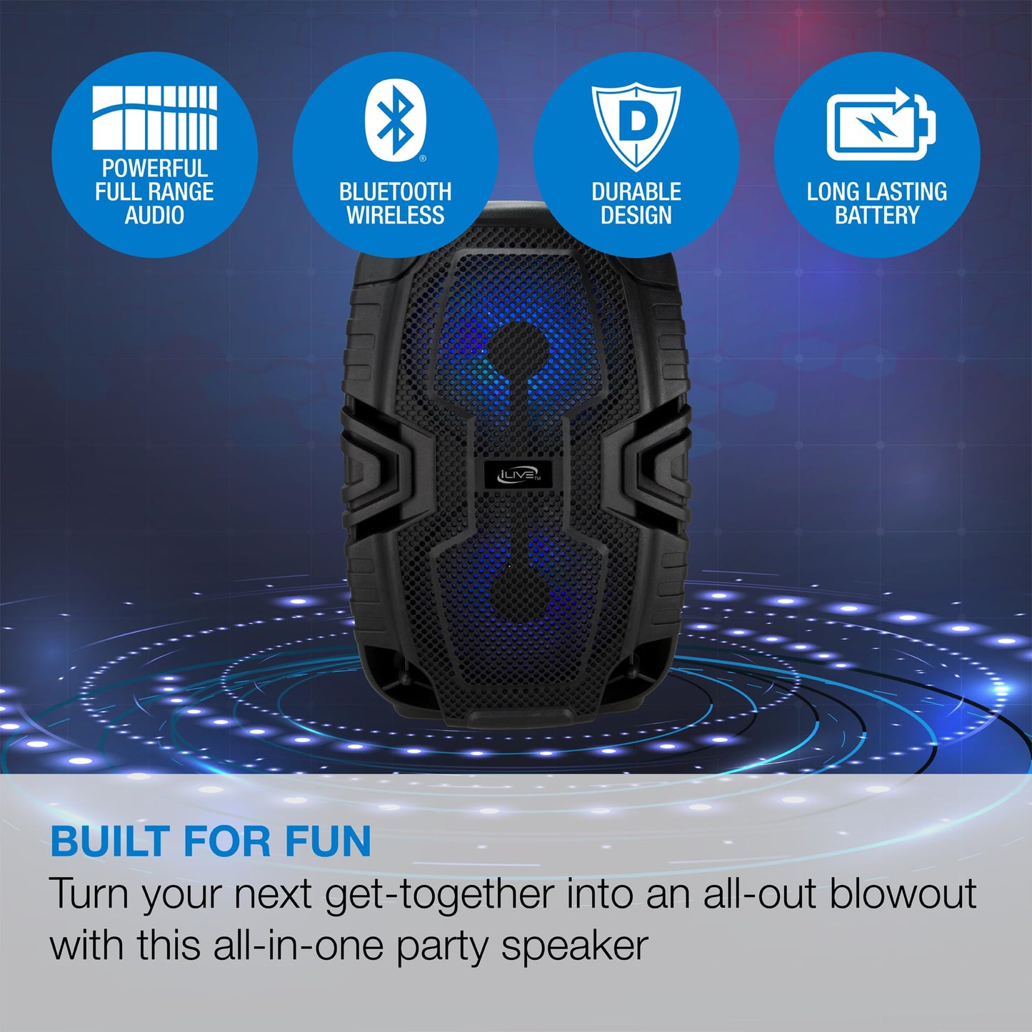 iLive Electronics - Altavoz inalámbrico para Fiesta de portón Trasero, Efectos de luz LED, asa de Transporte, Color Negro (ISB250B)