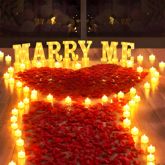 LAMATY 2031 piezas de decoración de propuesta de letras iluminadas, letrero de casarme con 24 velas sin llama de corazón, 2000 pétalos de rosa para propuesta de boda, decoración romántica de noche