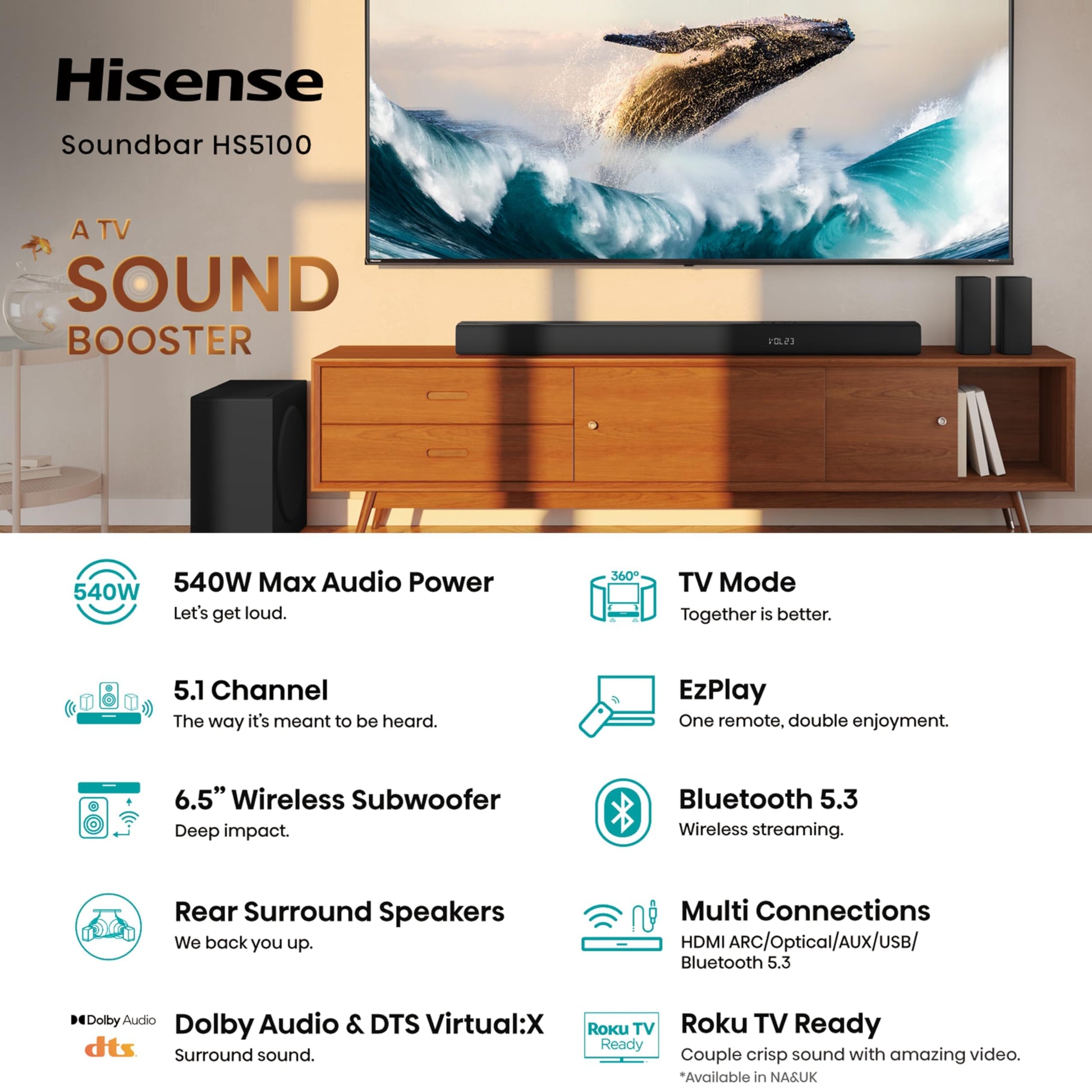 Hisense HS5100-5.1 Canal 540 W Barra de Sonido con subwoofer inalámbrico de 6.5 Pulgadas, 540 W de Potencia máxima de Audio, 5.3 Bluetooth inalámbrico, Alimentado por DTS Virtual: X, HDMI