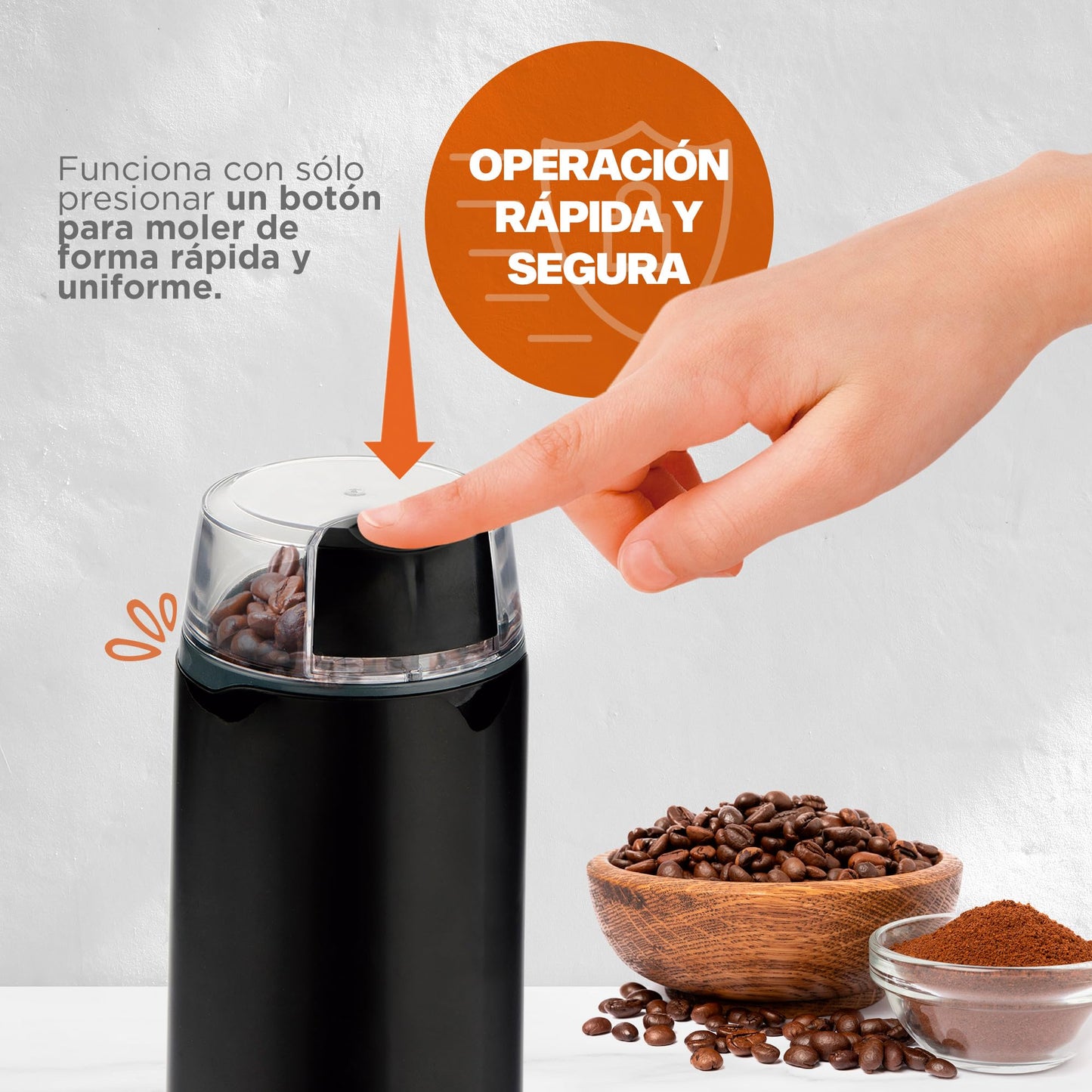 Hukën x MasterChef | Molino Eléctrico de Café Premium | Molido Perfecto | Acero Inoxidable | Capacidad de 50 gr. | 150 W | Diseño Compacto y Eficiente