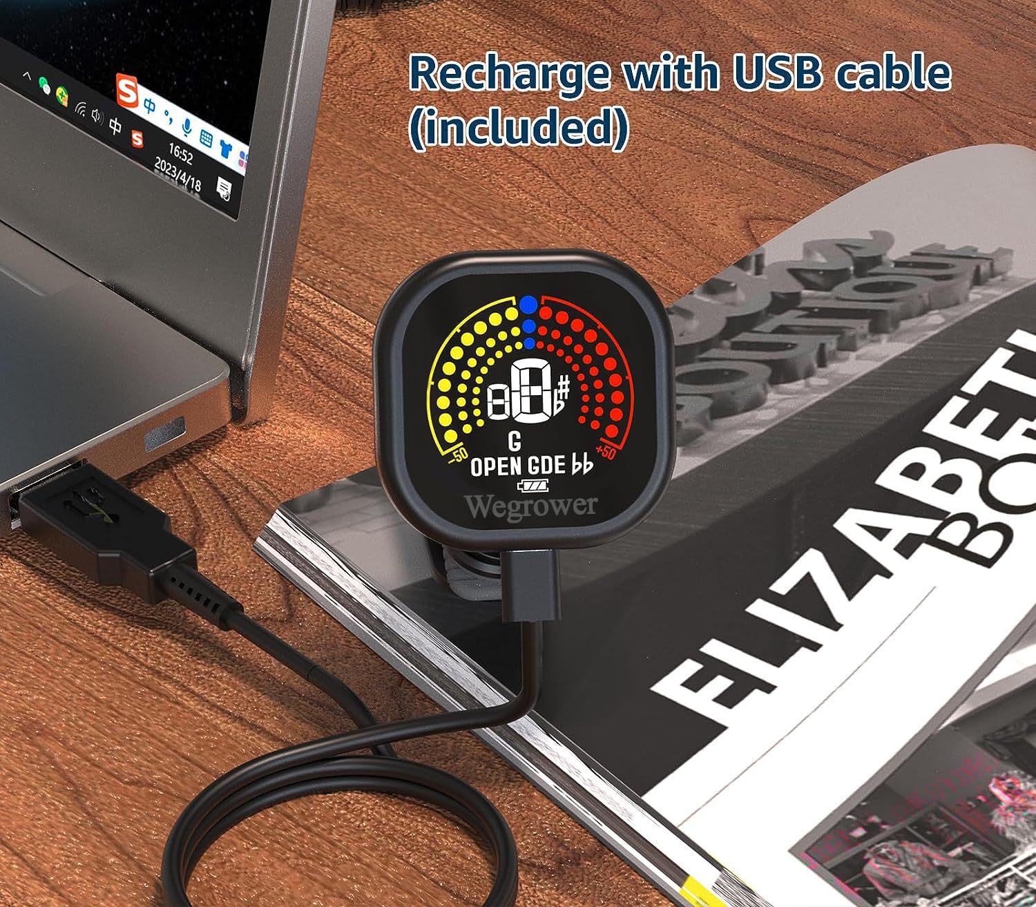 Afinador de guitarra recargable, afinador de clip con visualización LCD a color con guitarra, ukelelele, violín y modos de afinación cromática para todos los instrumentos de cuerda