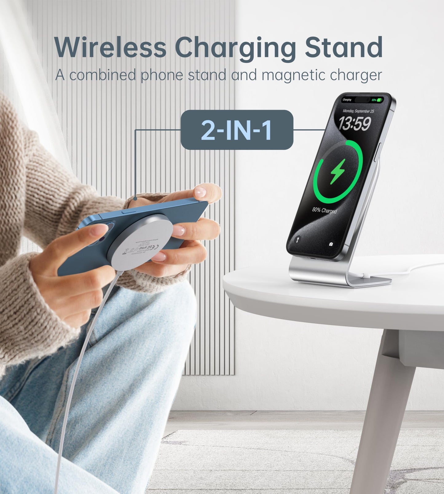 Cargador inalámbrico magnético para iPhone 15/14/13/12 – Cargador Mag + adaptador USB C de 20 W, soporte de carga inalámbrico rápido con cable USB-C de 5 pies para iPhone 15/14/13/12 Pro Max Plus Mini, cargador Mag-Safe