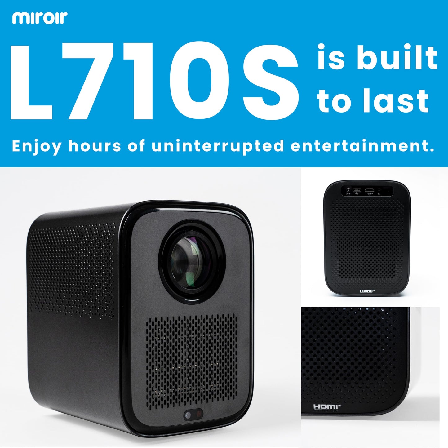 Proyector Inteligente L710S 1080p con transmisión integrada, WiFi y Bluetooth. Disfruta de imágenes increíbles con Enfoque automático y Keystone. Zoom Digital y Sonido Dolby con 2 Altavoces de 5