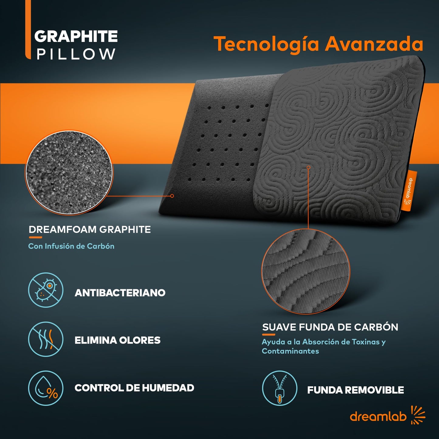 Almohada Dreamlab Graphite Memory Foam Hipoalergénica para Soporte King Size (2 Piezas)