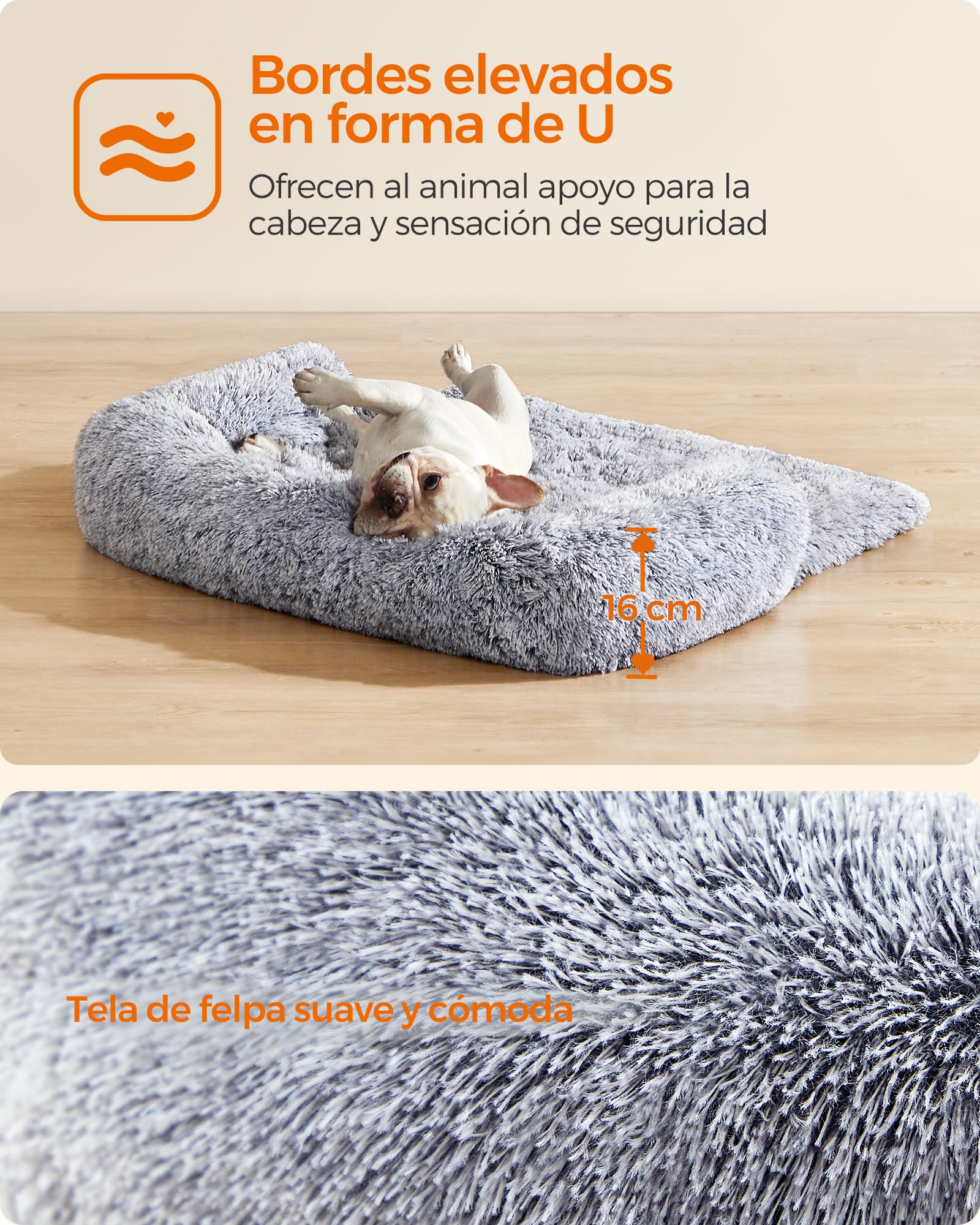 Feandrea Cama para Perros, Funda Protectora para Sofá, 80 x 75 x 16 cm, Tela de Felpa, M, para Perros Pequeños y Medianos,Gris Ombré MPGW221G01