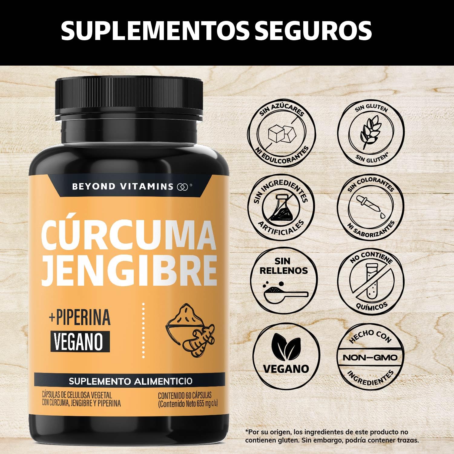 Beyond Vitamins | Cúrcuma + Jengibre potenciado con Pimienta Negra (Piperina) – Máxima Absorción y Calidad Garantizada | Vegano (60 Cápsulas)