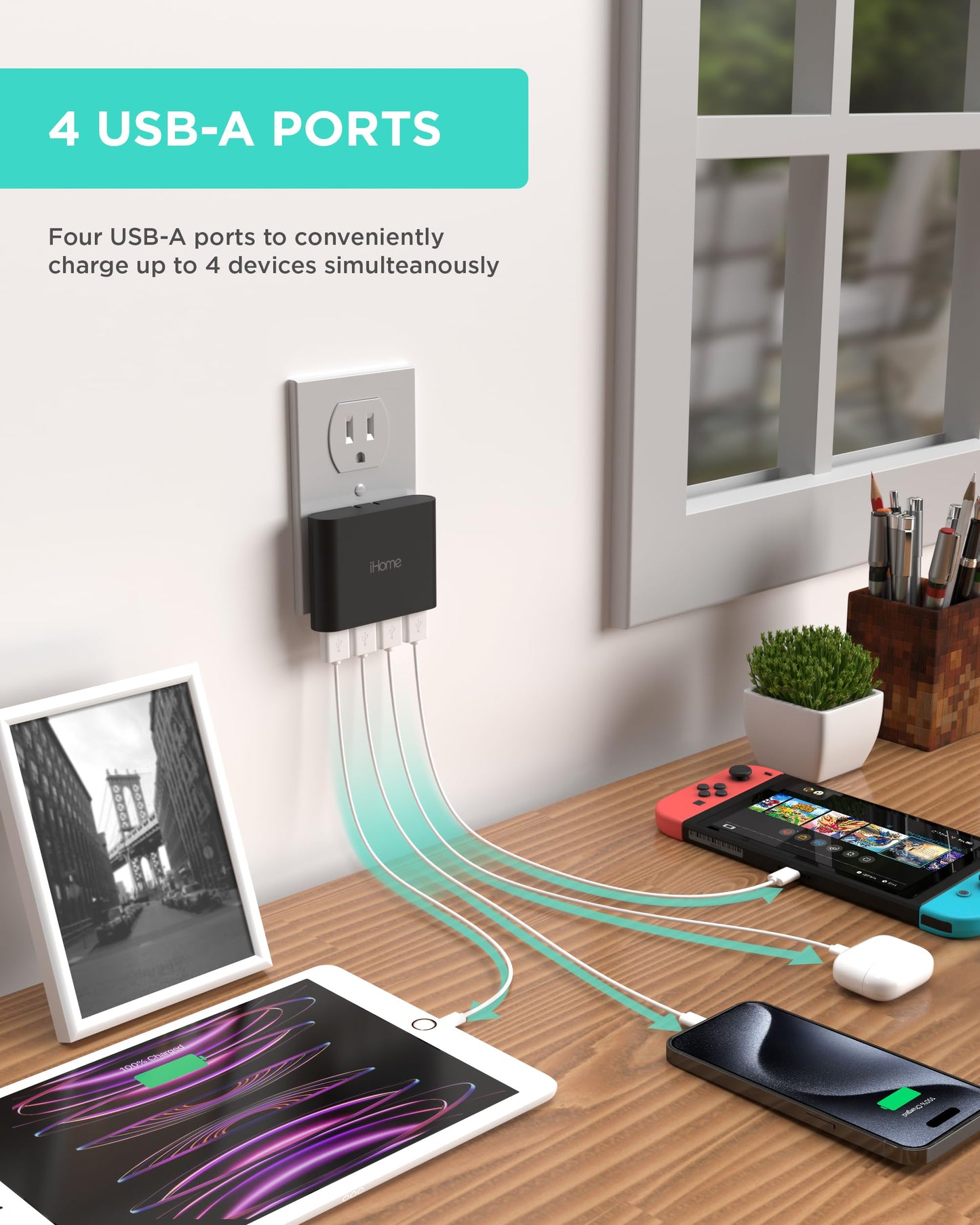 iHome Cargador de Pared USB Slim Cargador USB Multipuerto AC Pro, Adaptador de Enchufe USB y Bloque de Carga para Teléfono, 4 Enchufes USB para Tomacorriente de Pared