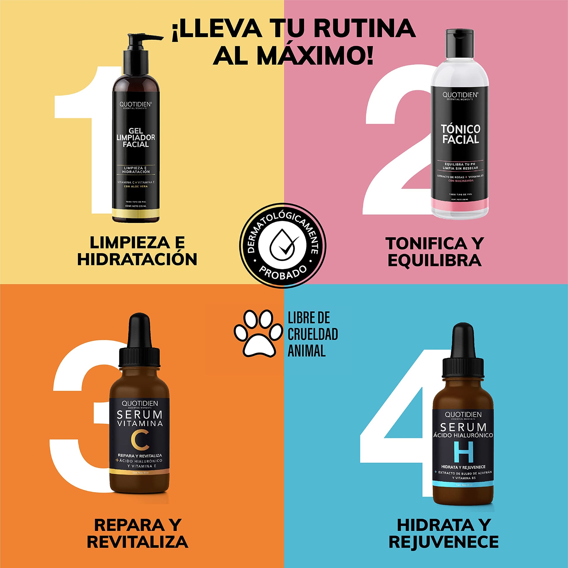 Kit 4 Pasos Quotidien: 1 Limpiador Facial 235 ml + 1 Tónico Facial 350 ml + 1 Serum Vitamina C 30ml + 1 Serum Ácido Hialurónico 30ml | Skincare Kit con Ingredientes Naturales - Limpia Profundamente, Equilibra el Ph, Cierra Poros, Aclara, Mejora la Textura