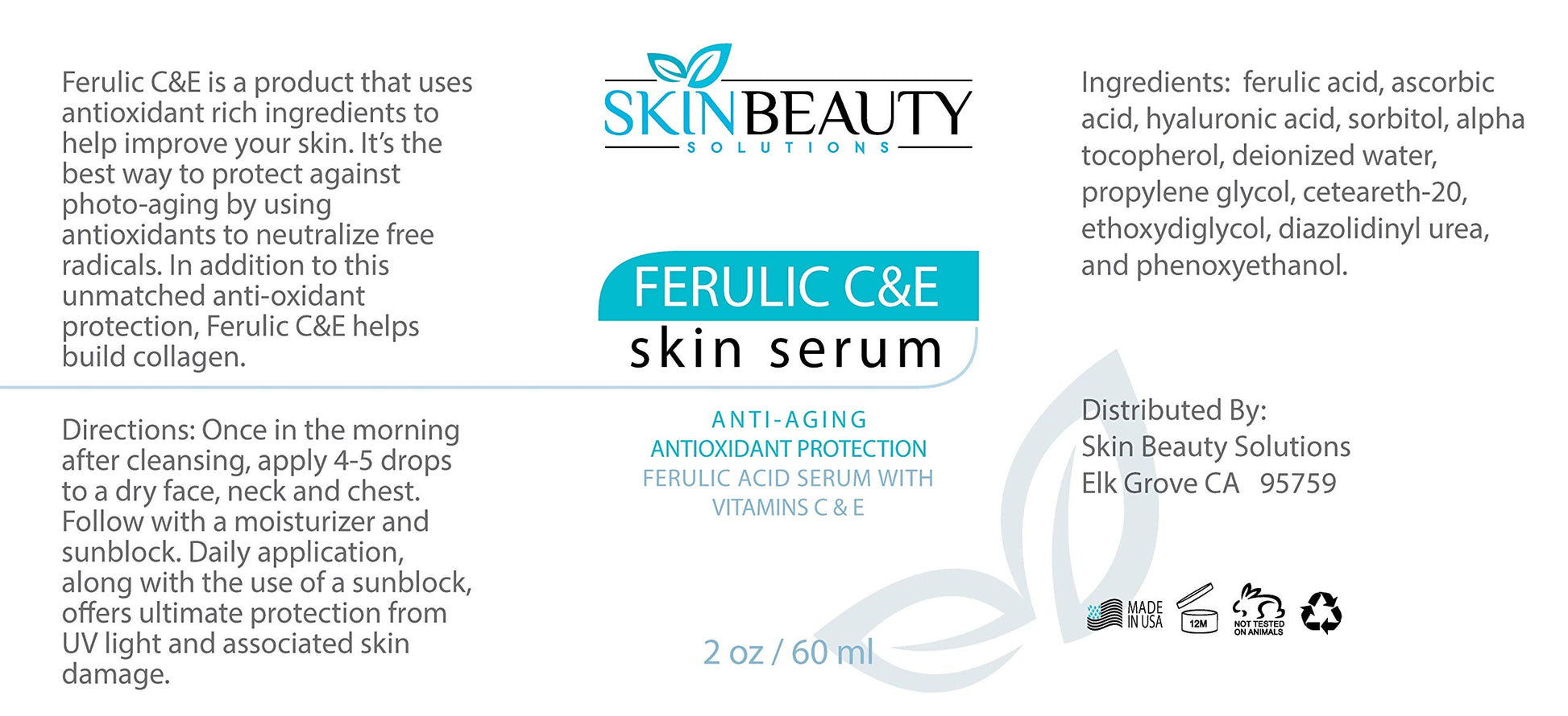 Skin Beauty Solutions Sérum para piel con vitamina C + E, ácido férulico, antiedad, piel dañada por el sol y más (C+E, tratamiento antioxidante de combinación férulica, 2 oz/ 60 ml
