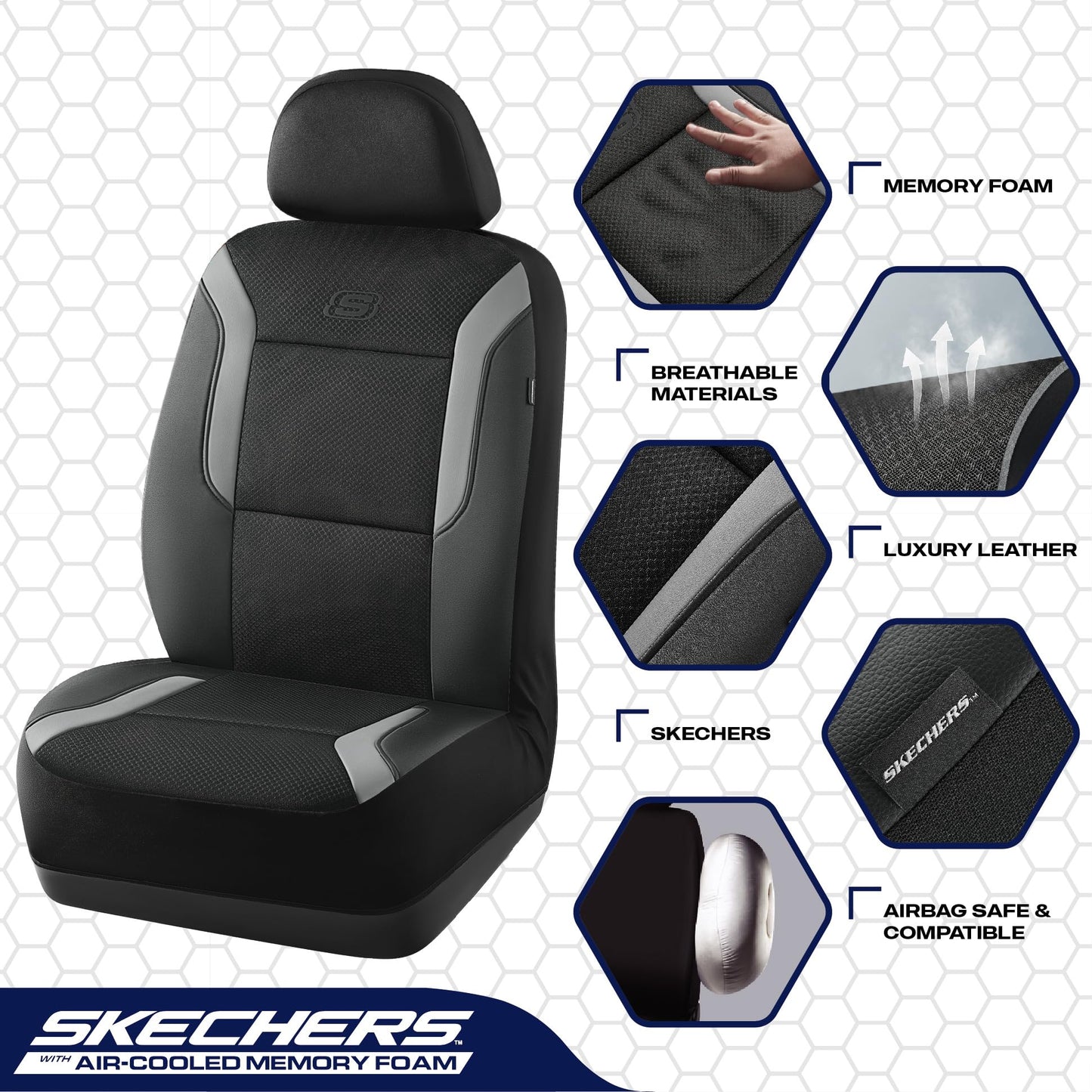 Skechers Memory Foam™ - Fundas gruesas de malla refrescante para asiento de vehículos, compatible con bolsas de aire, comodidad y protección para la mayoría de vehículos, juego completo color gris