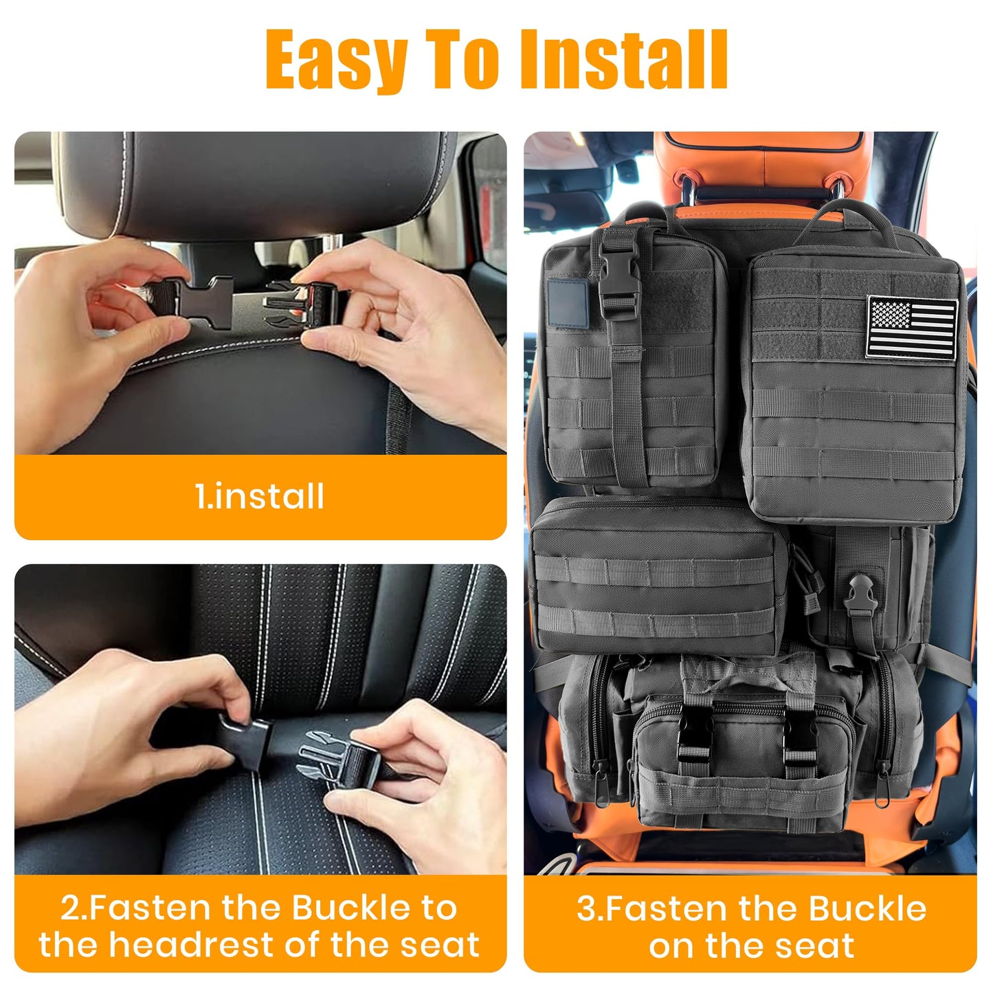 HMLIN OUTOOORS Paquete de 6 organizadores tácticos MOLLE para asiento de coche, negro, universal, con 5 bolsas MOLLE desmontables, parche y llavero de la bandera de Estados Unidos